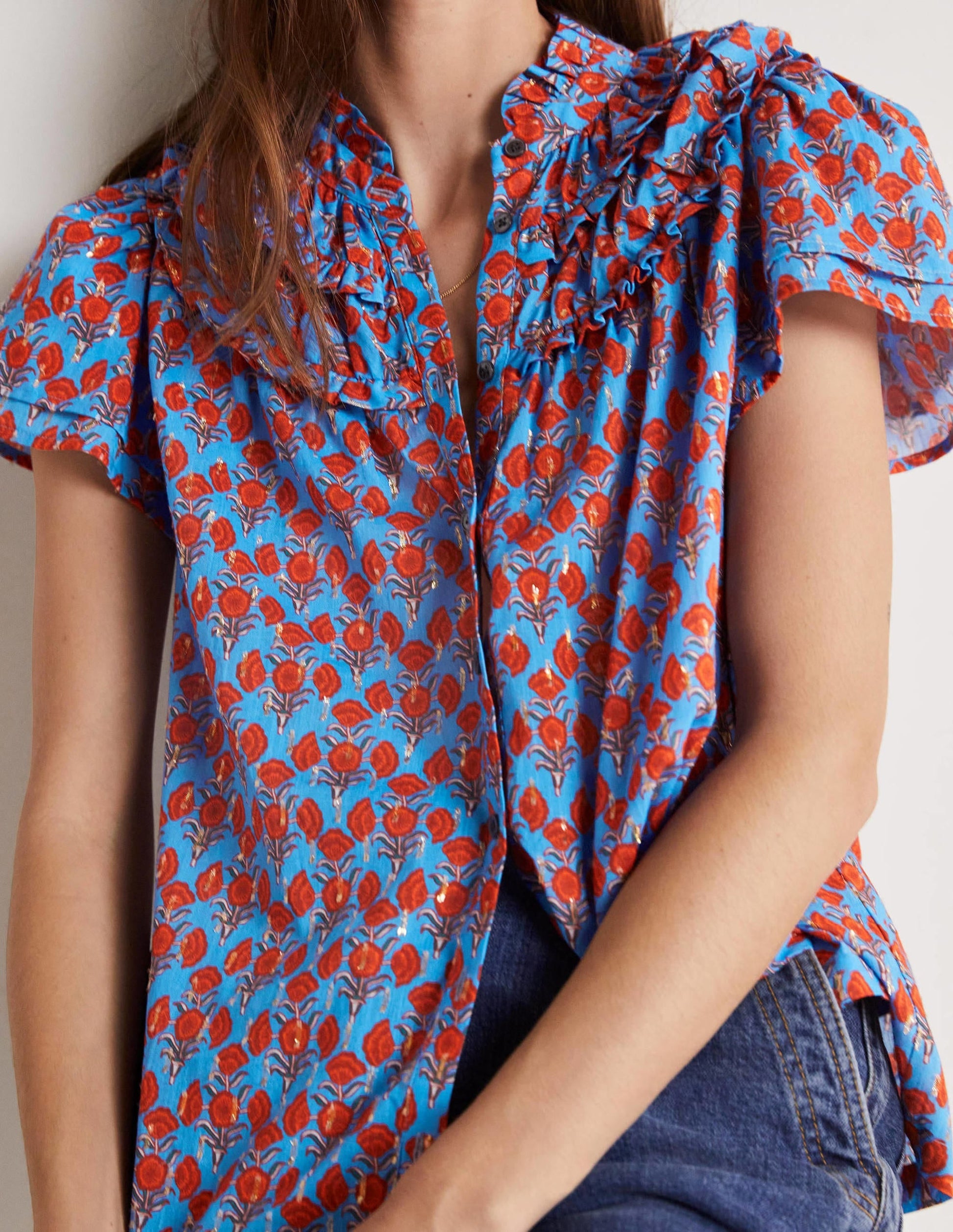 Ruched Detail Metallic Blouse-Mosaic Blue, Poppy Geo-4