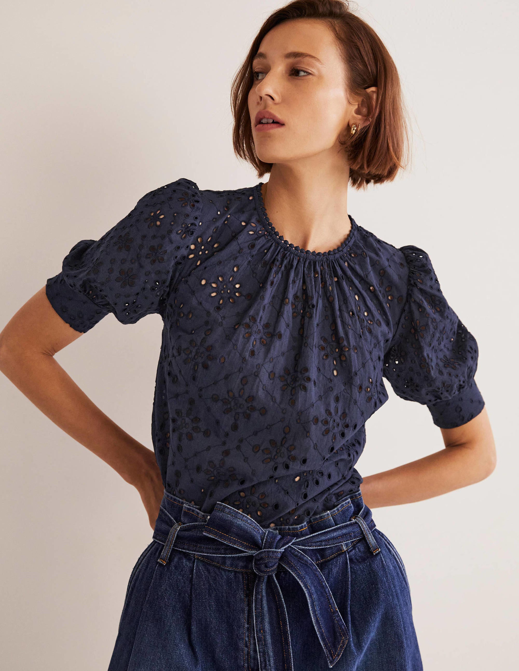 Broderie Cut-Out Detail Top-Navy - Image 1