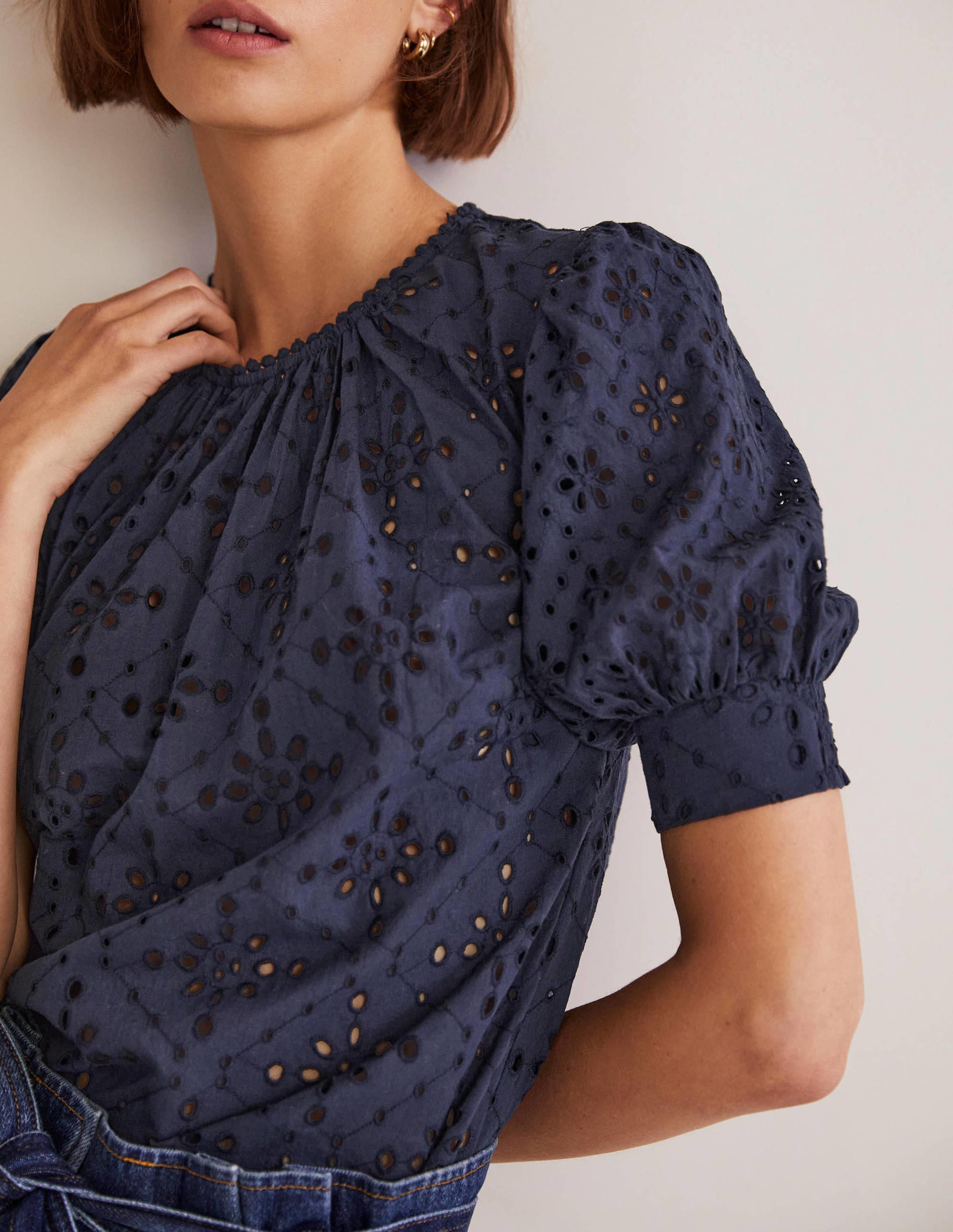 Broderie Cut-Out Detail Top-Navy - Image 2