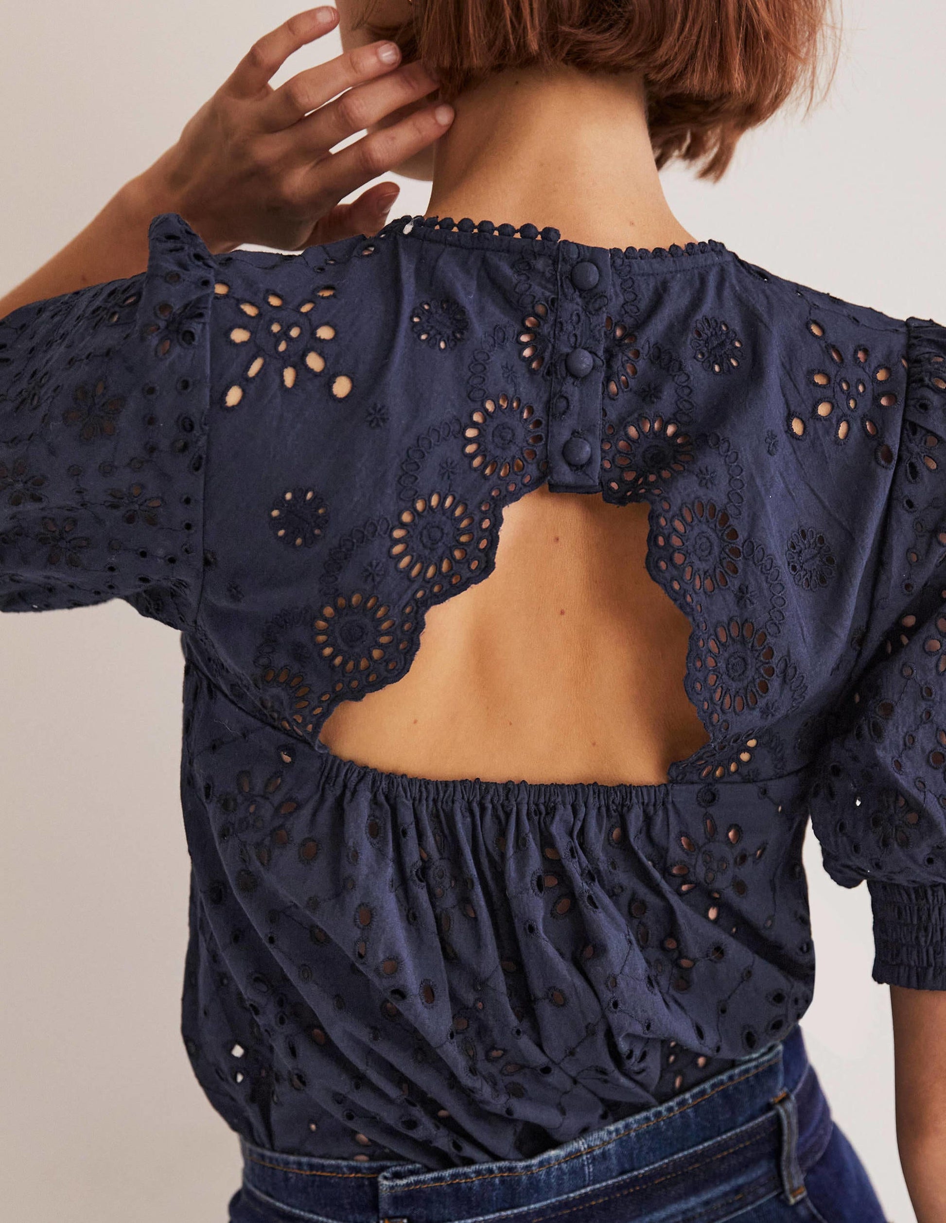 Broderie Cut-Out Detail Top-Navy-3