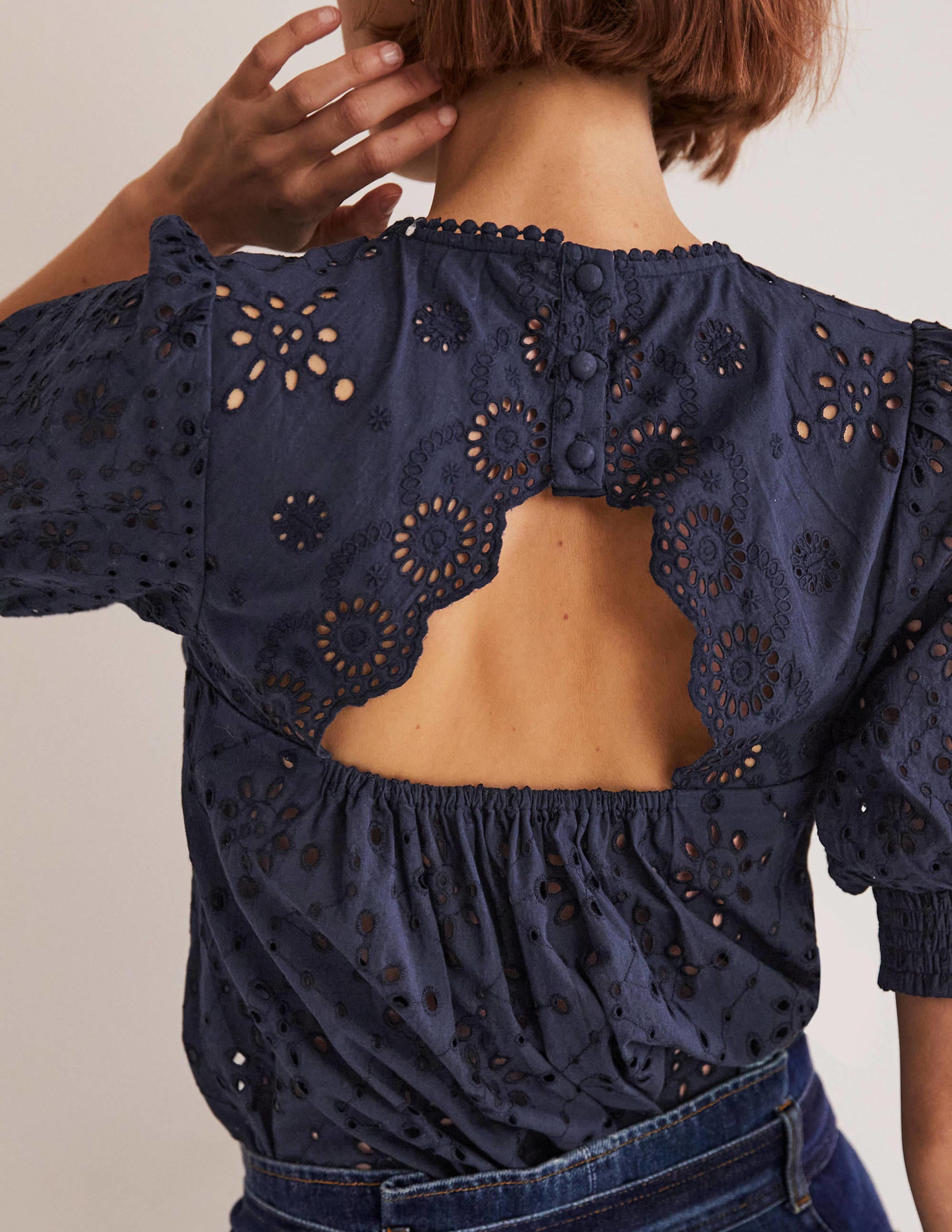 Broderie Cut-Out Detail Top-Navy - Image 3