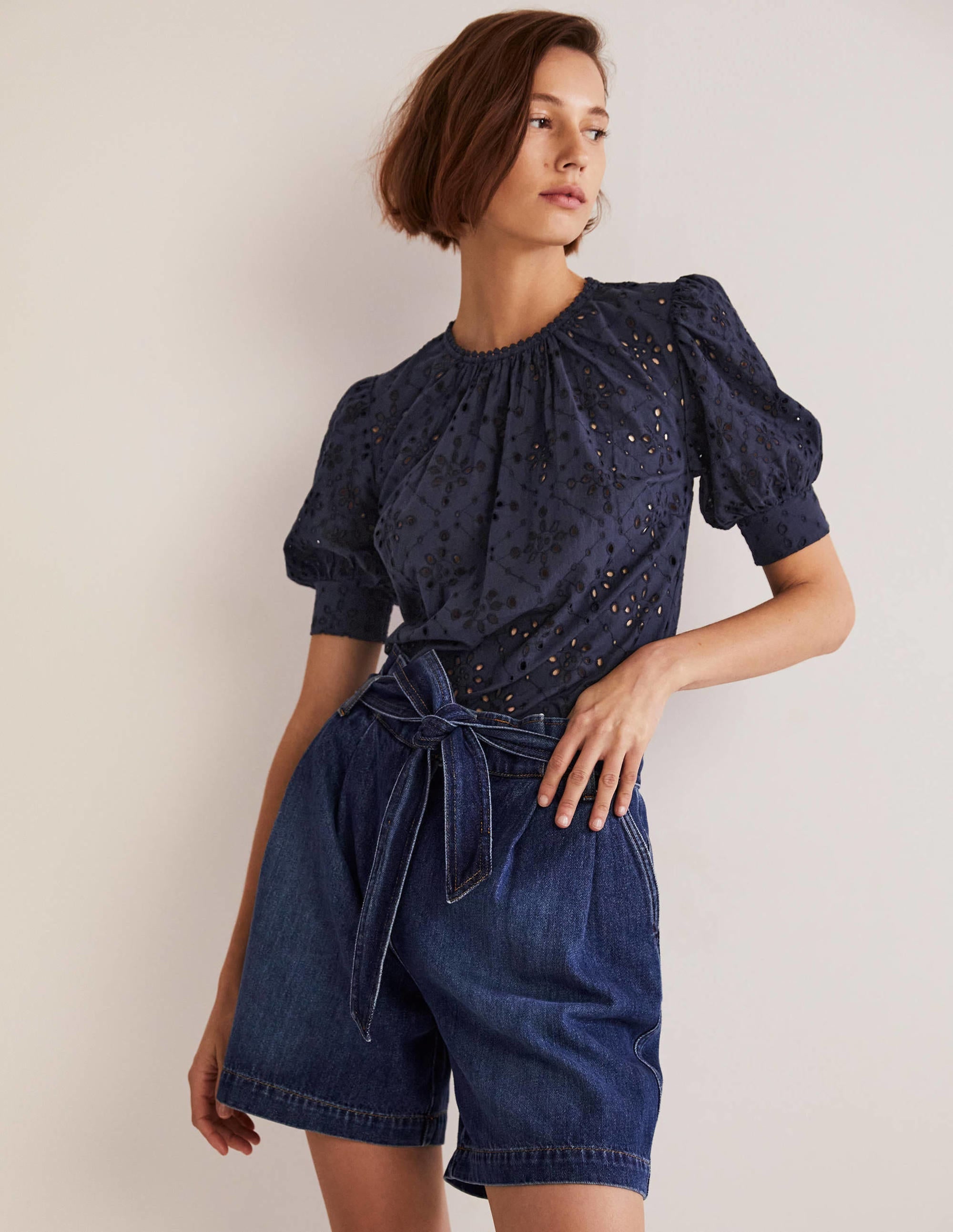 Broderie Cut-Out Detail Top-Navy - Image 4