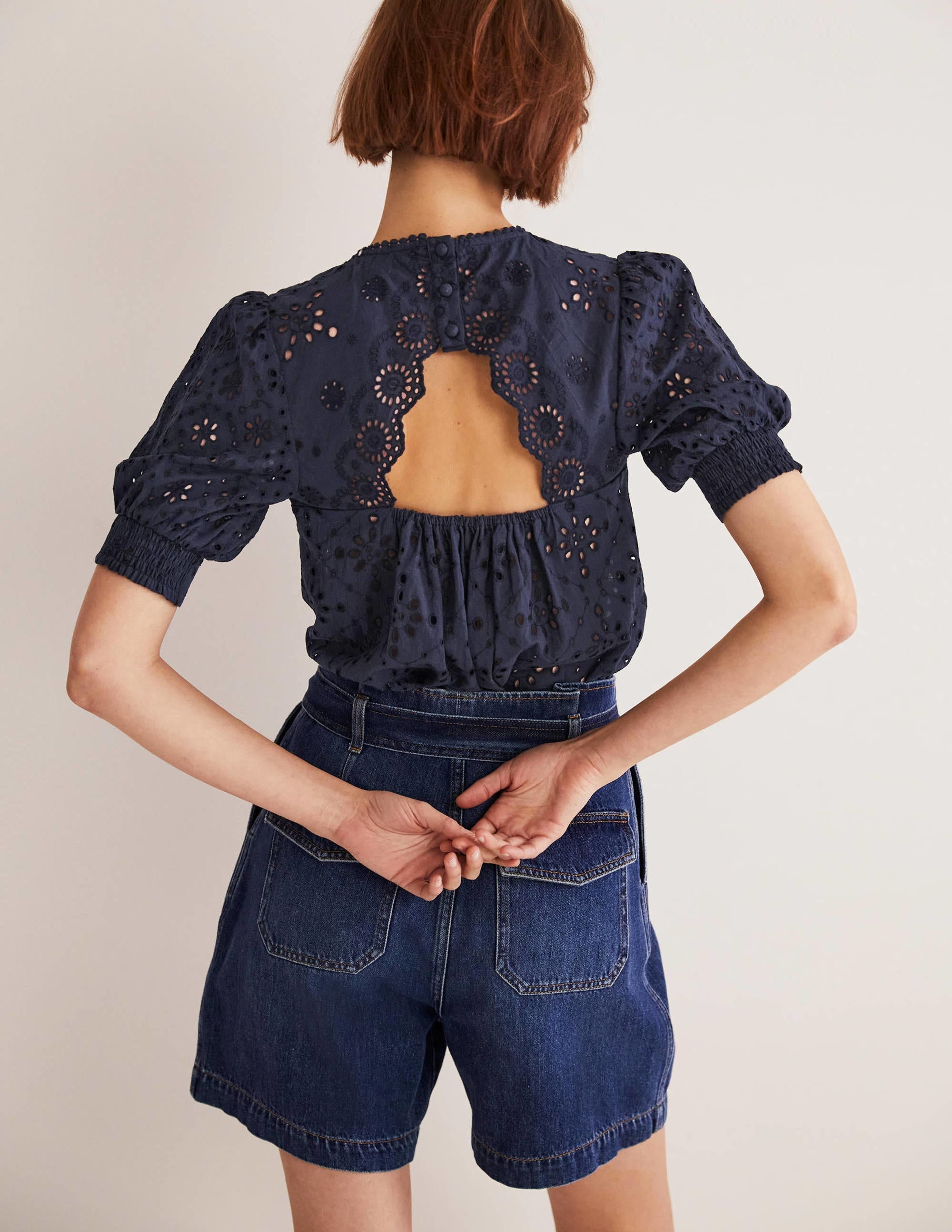 Broderie Cut-Out Detail Top-Navy - Image 5
