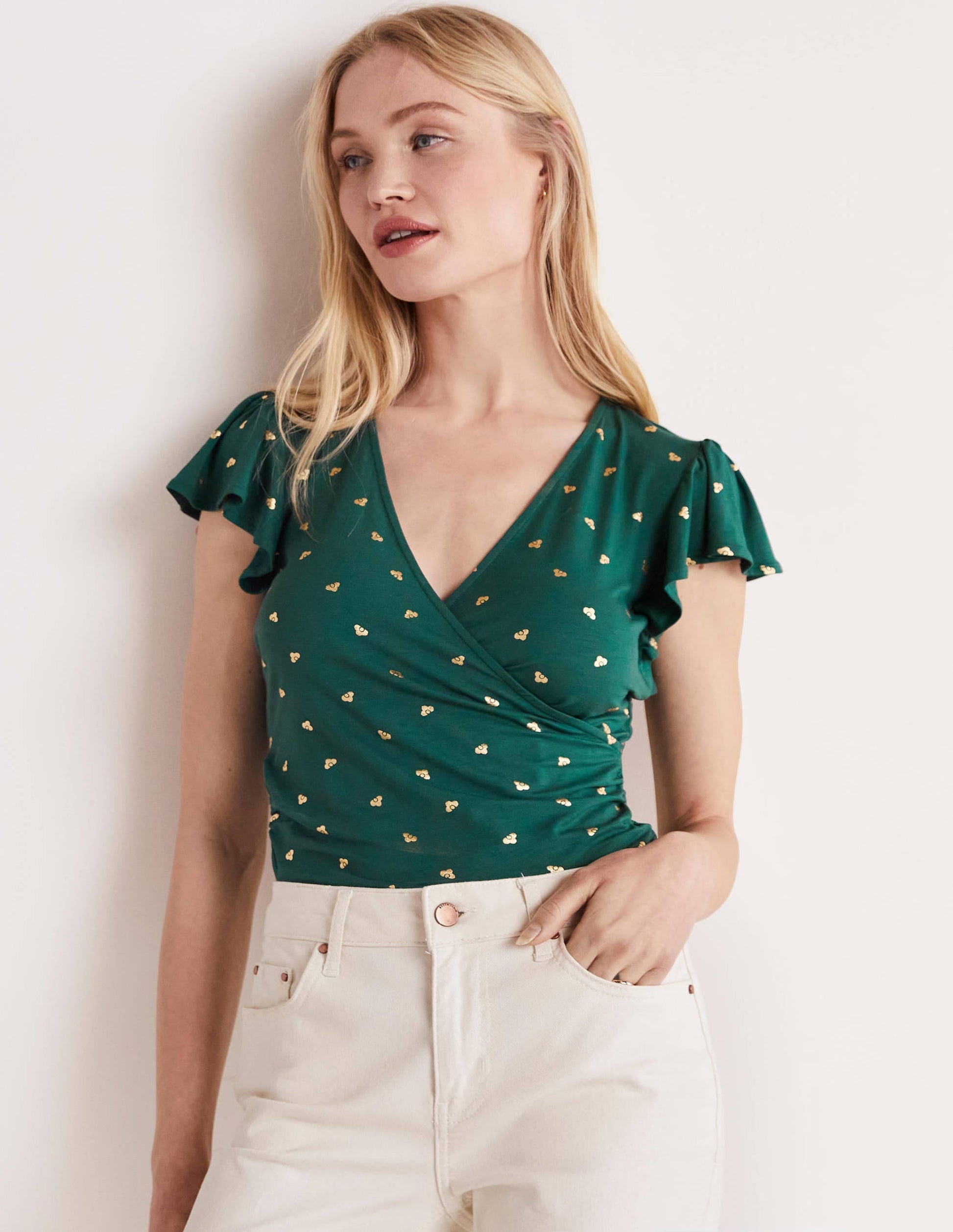 Flutter Sleeve Wrap Top-Trekking Green, Spaced Bud-1