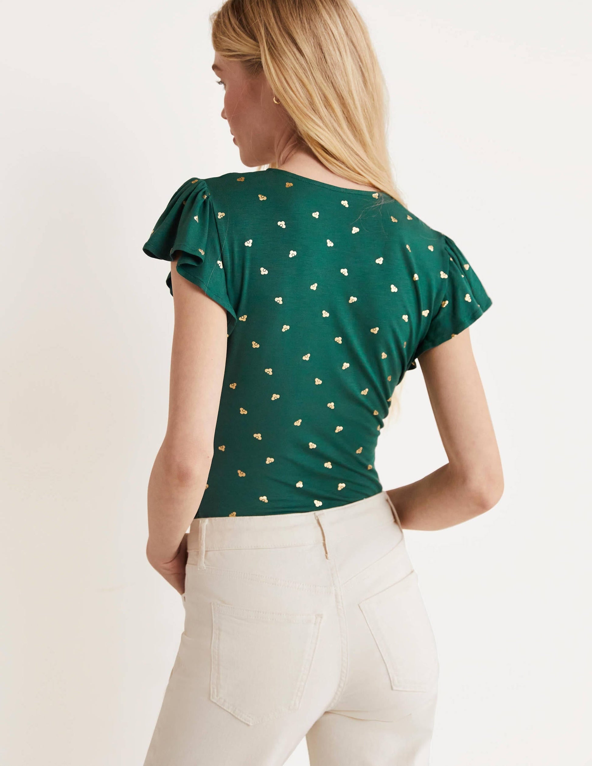 Flutter Sleeve Wrap Top-Trekking Green, Spaced Bud-3