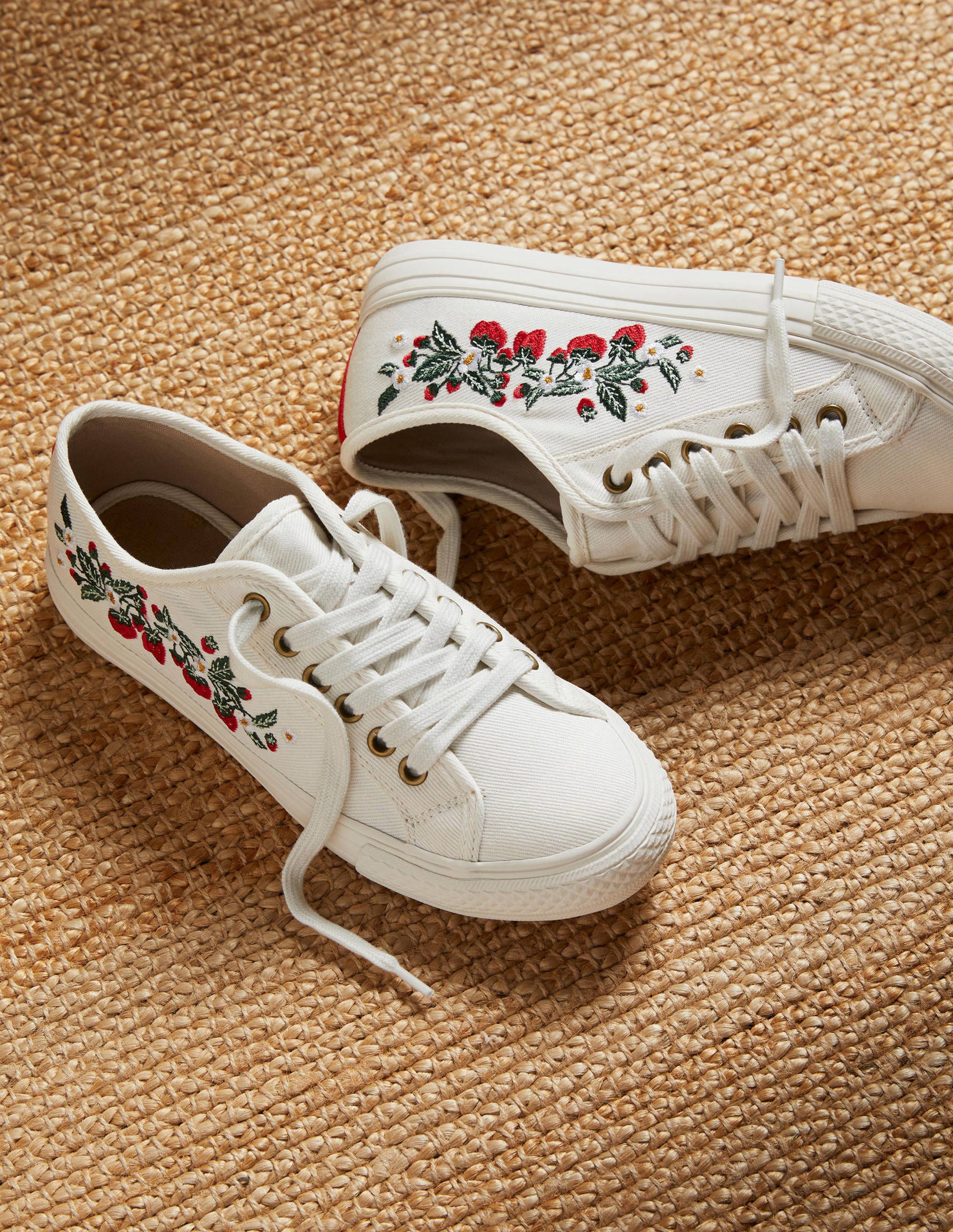 Cotton Canvas Plimsolls-Ecru, Strawberries - Image 1