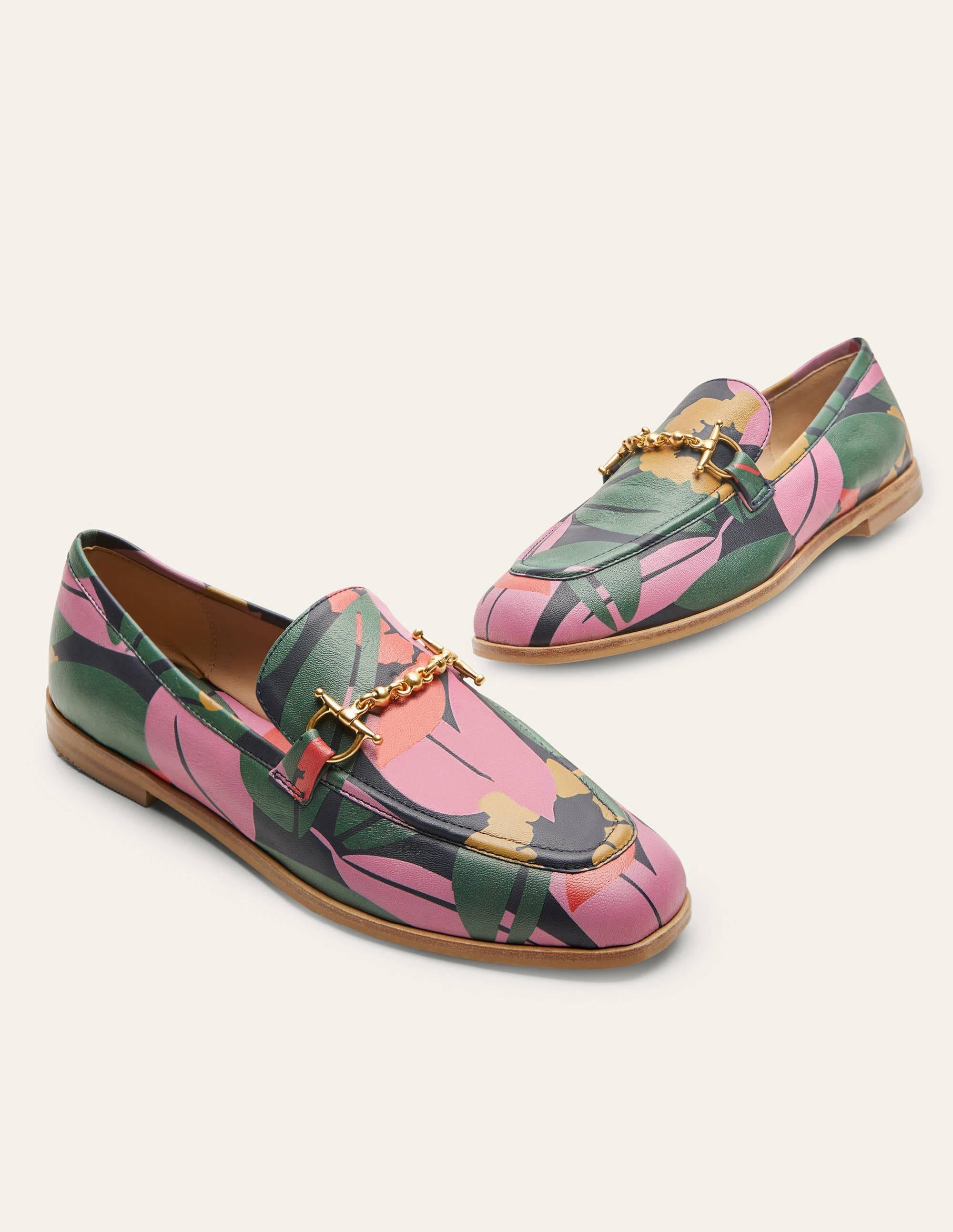 Snaffle Detail Leather Loafers-Navy, Abstract Bloom - Image 3