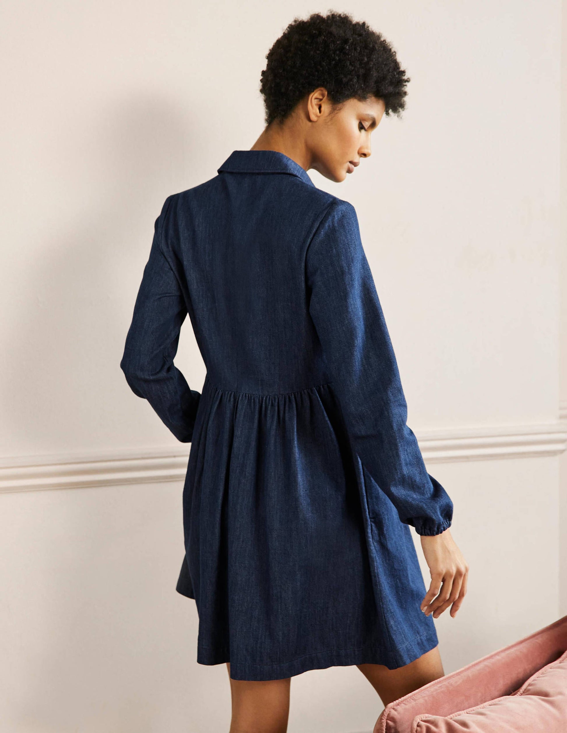 Denim Mini Shirt Dress-Denim-3