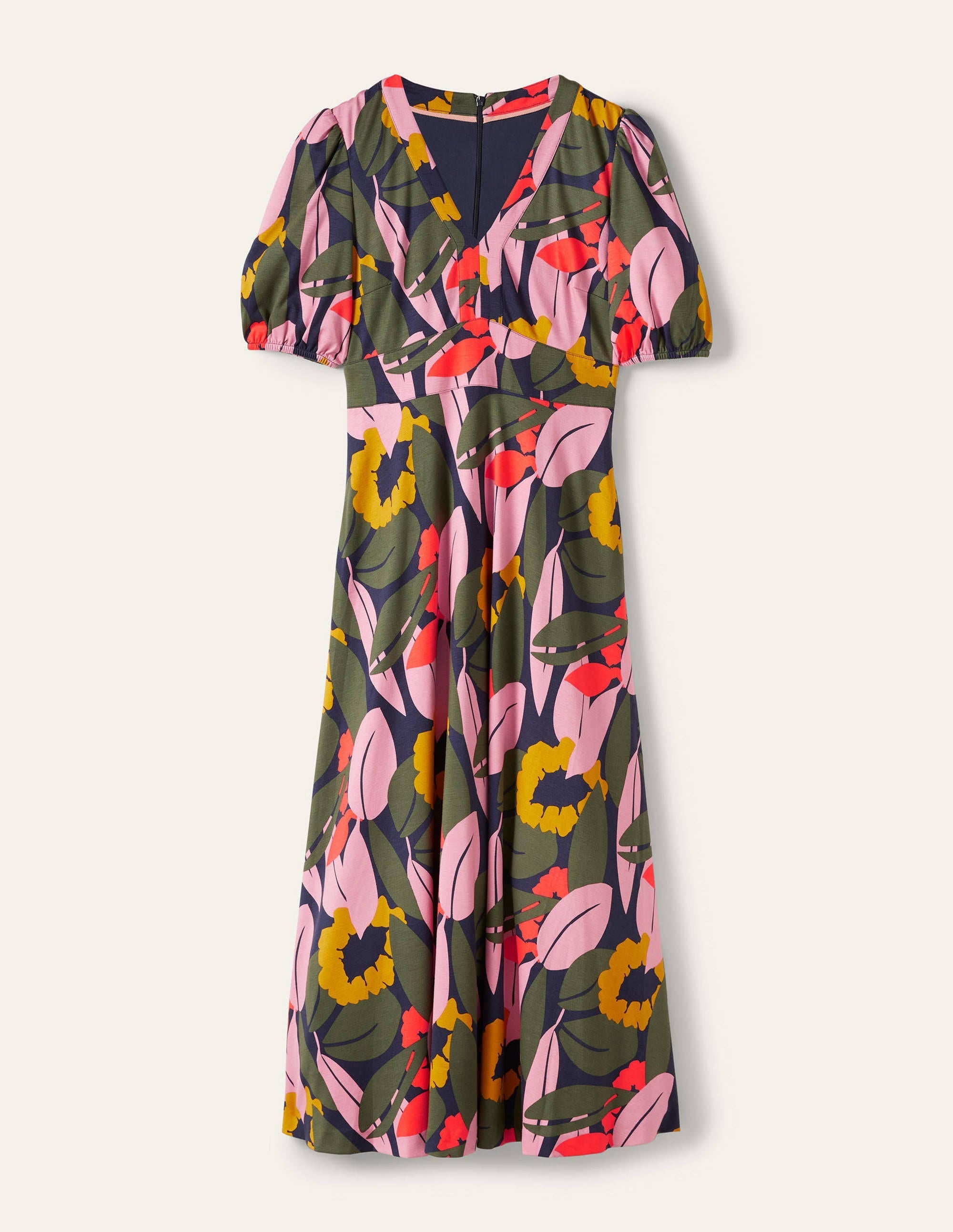 V-Neck Jersey Midi Dress-French Navy, Abstract Bloom - Image 5