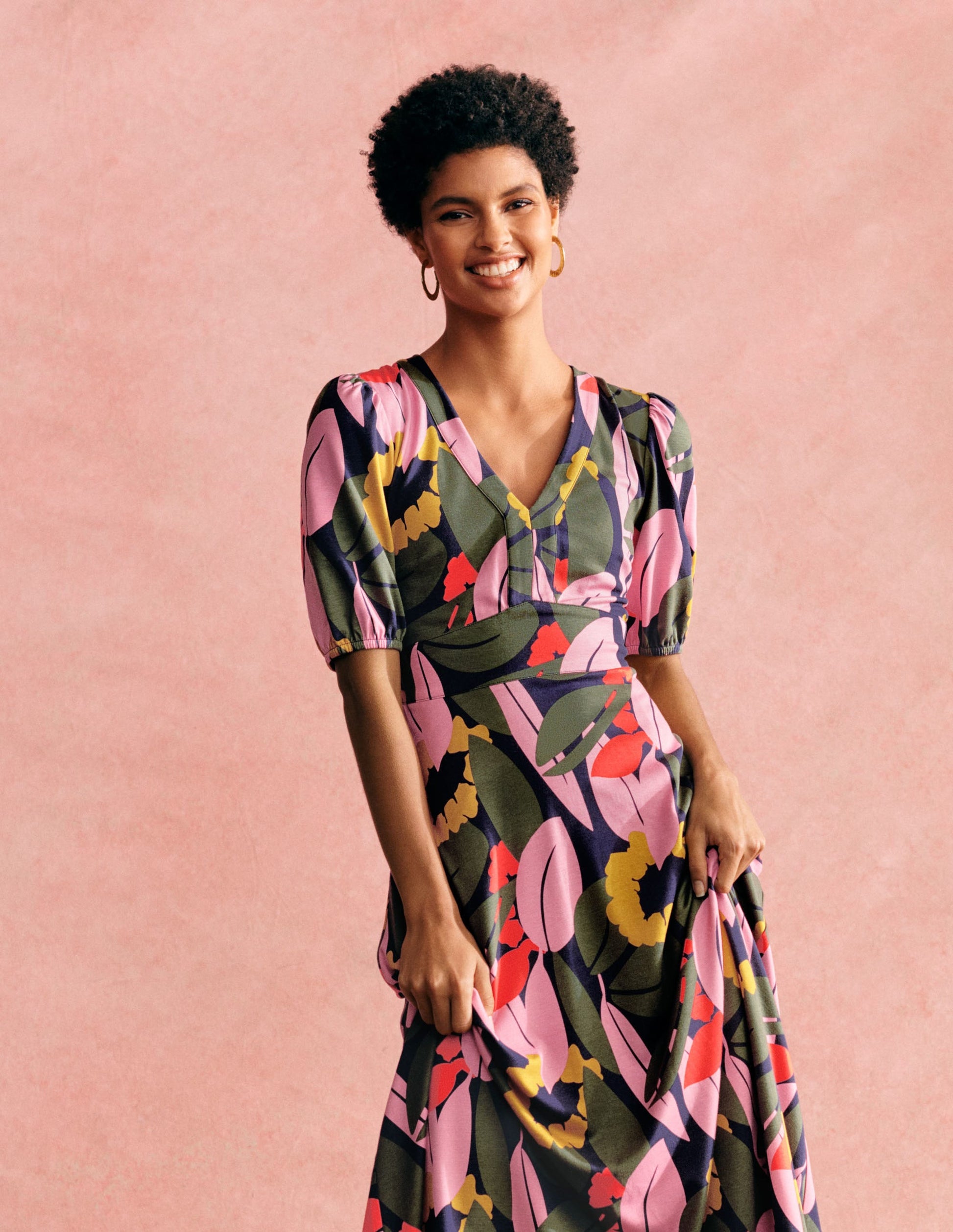 V-Neck Jersey Midi Dress-French Navy, Abstract Bloom-6