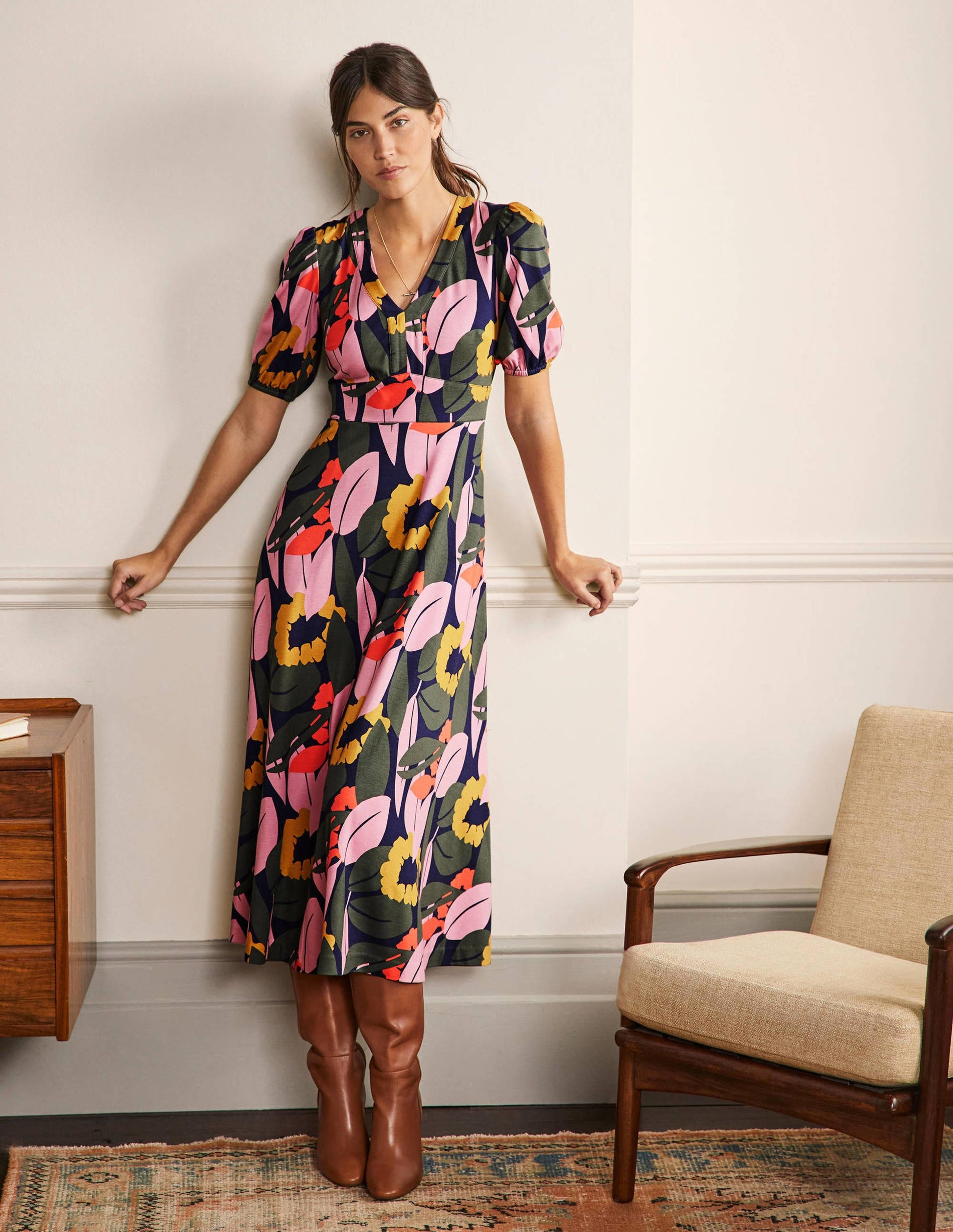 V-Neck Jersey Midi Dress-French Navy, Abstract Bloom-1