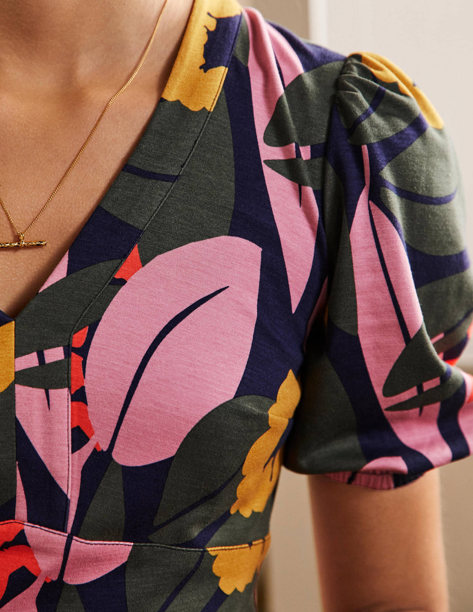 V-Neck Jersey Midi Dress-French Navy, Abstract Bloom - Image 2