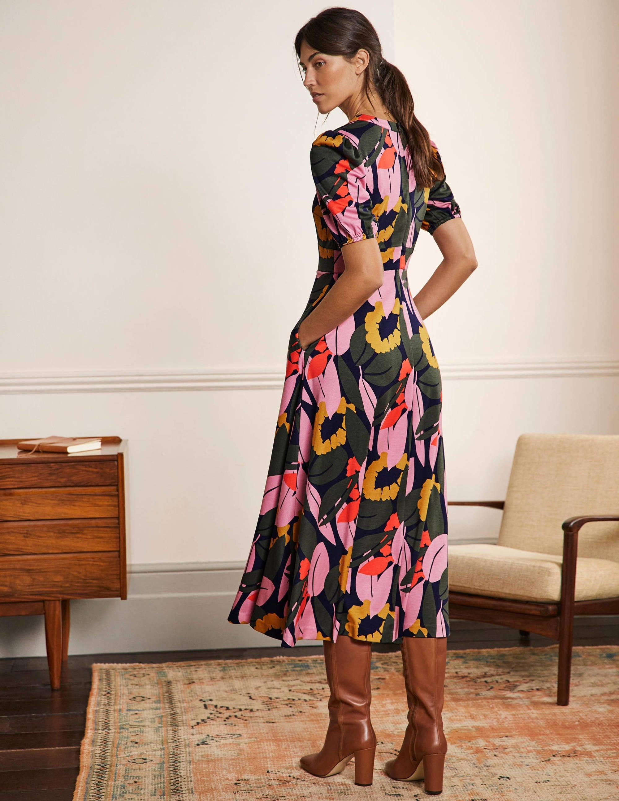 V-Neck Jersey Midi Dress-French Navy, Abstract Bloom - Image 3