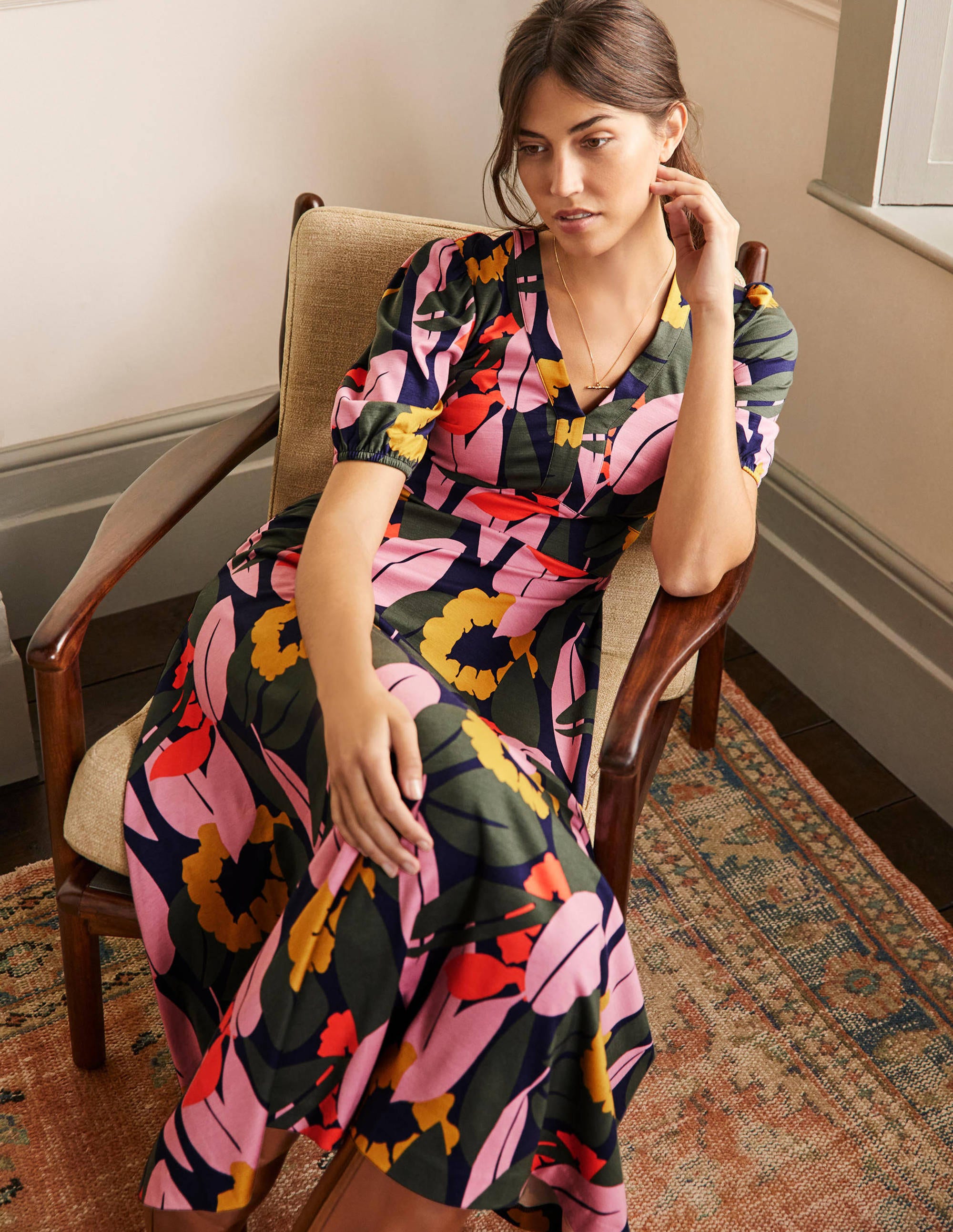 V-Neck Jersey Midi Dress-French Navy, Abstract Bloom - Image 4