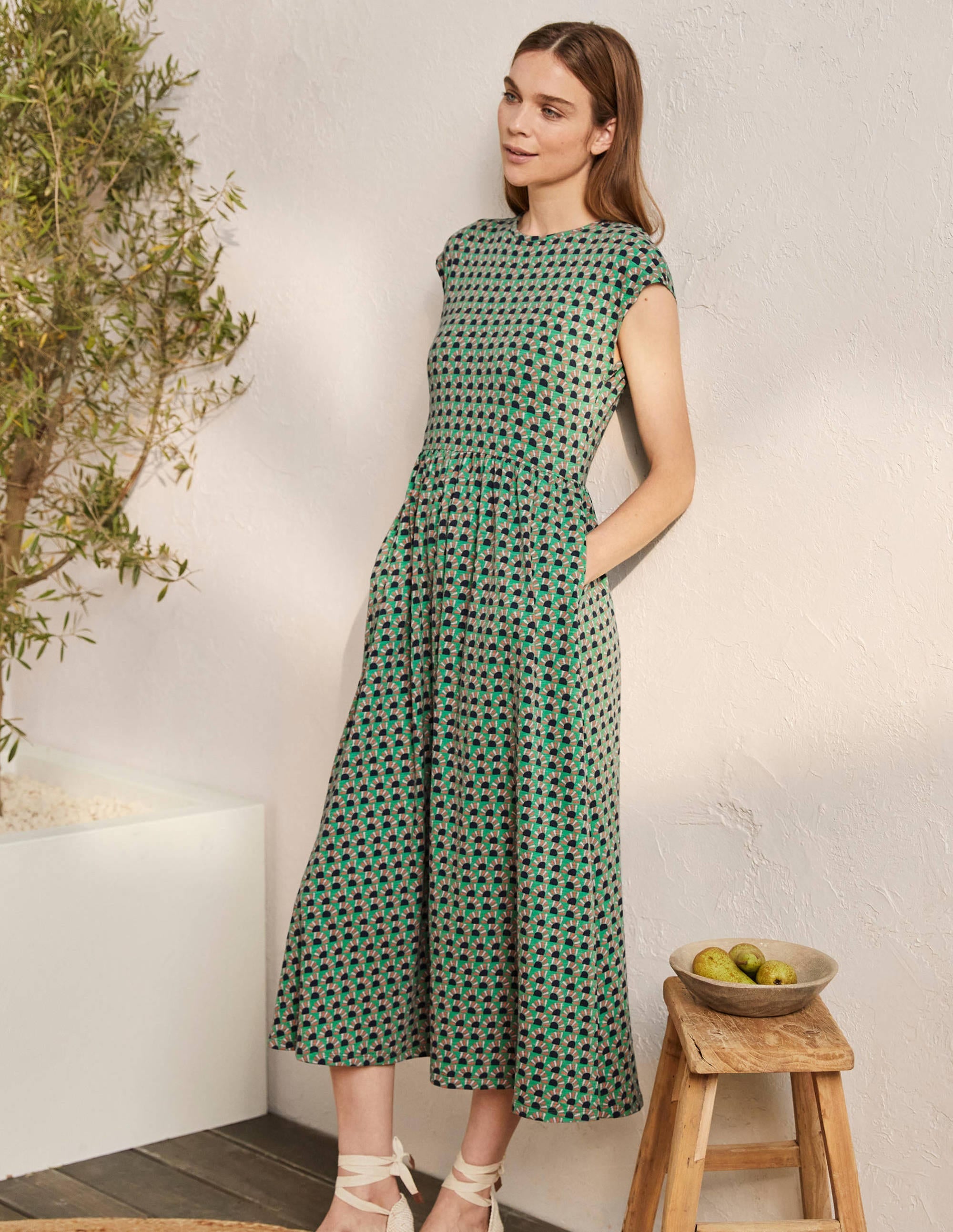 Easy T-Shirt Midi Dress-Irish Green, Sunrise Geo - Image 1