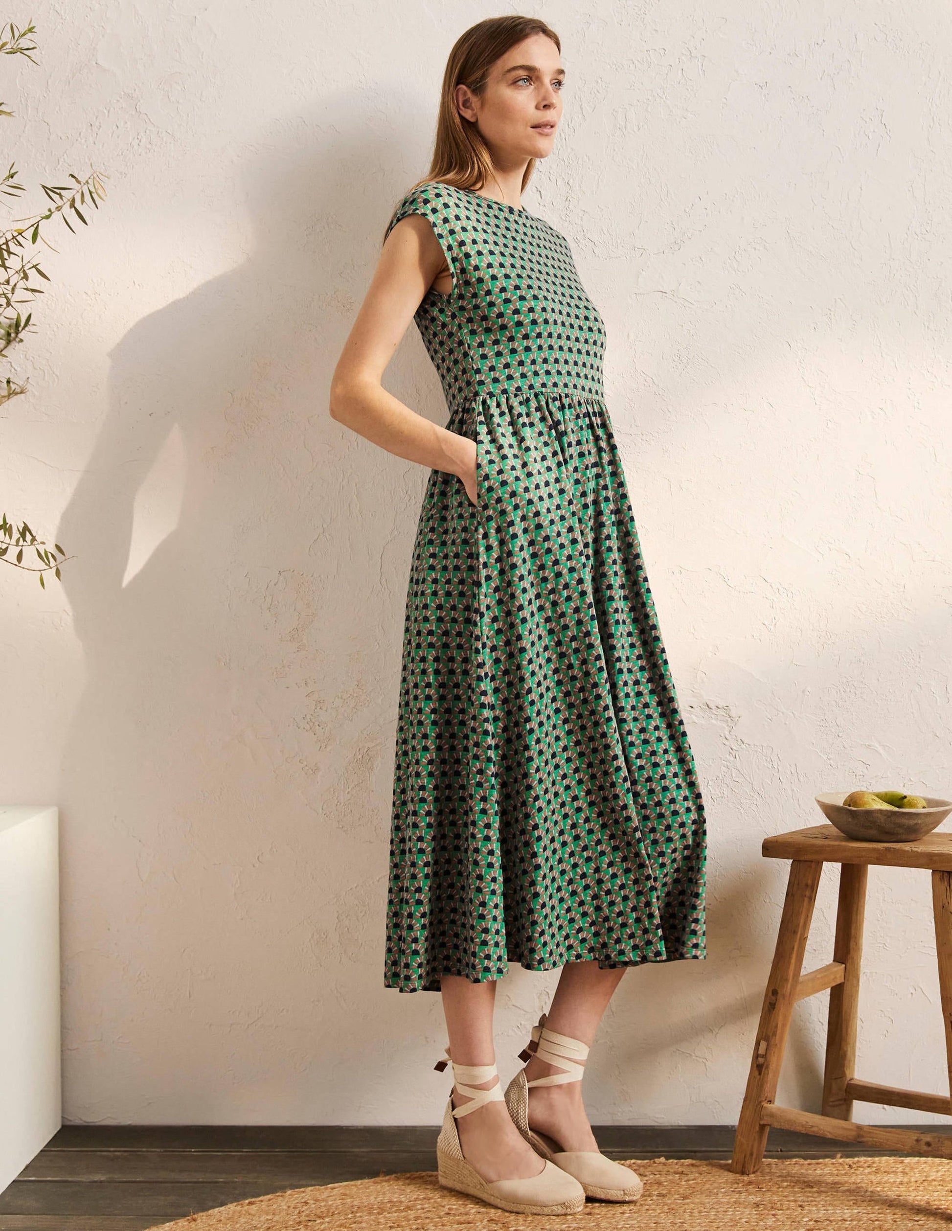 Easy T-Shirt Midi Dress-Irish Green, Sunrise Geo-4