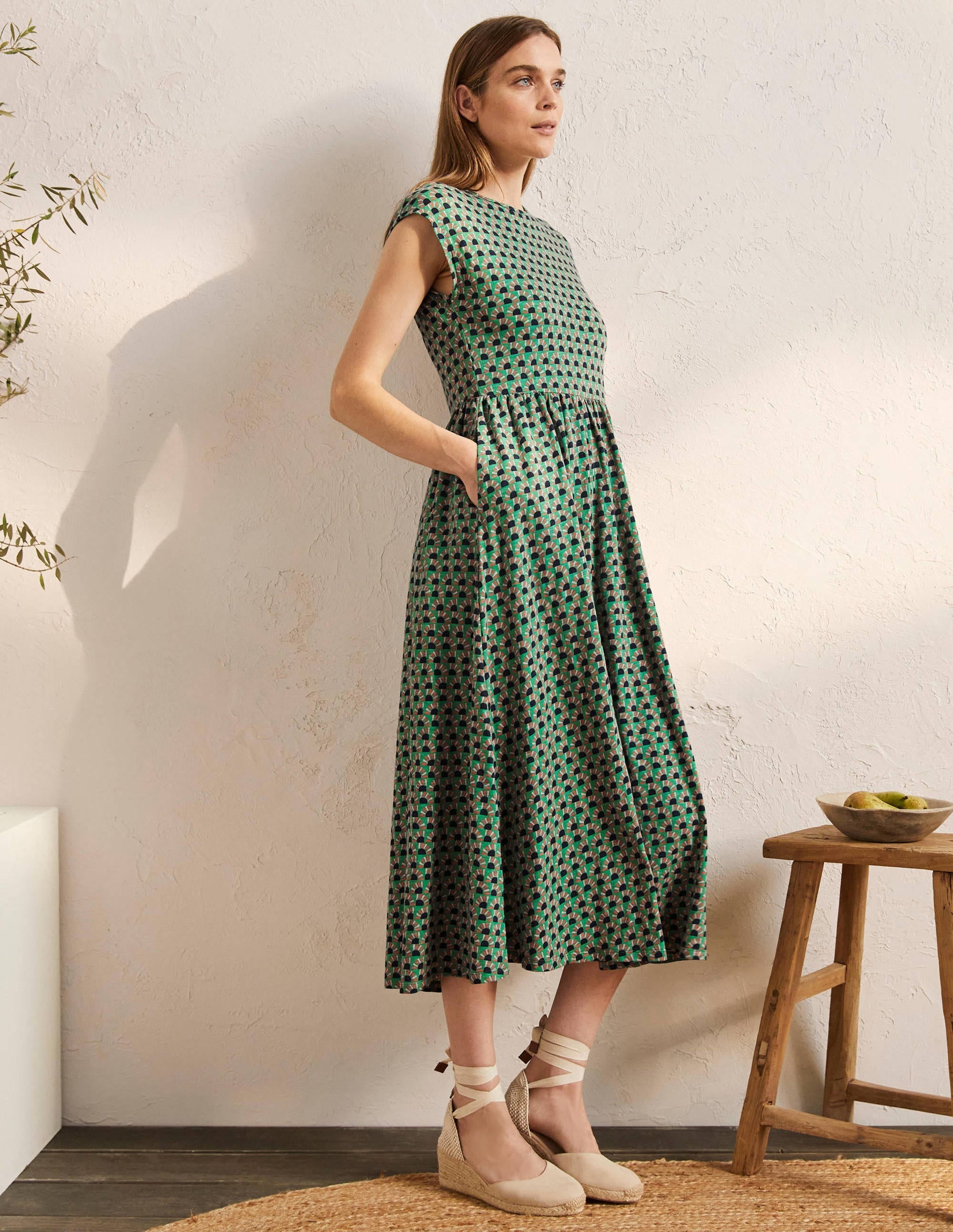 Easy T-Shirt Midi Dress-Irish Green, Sunrise Geo - Image 4
