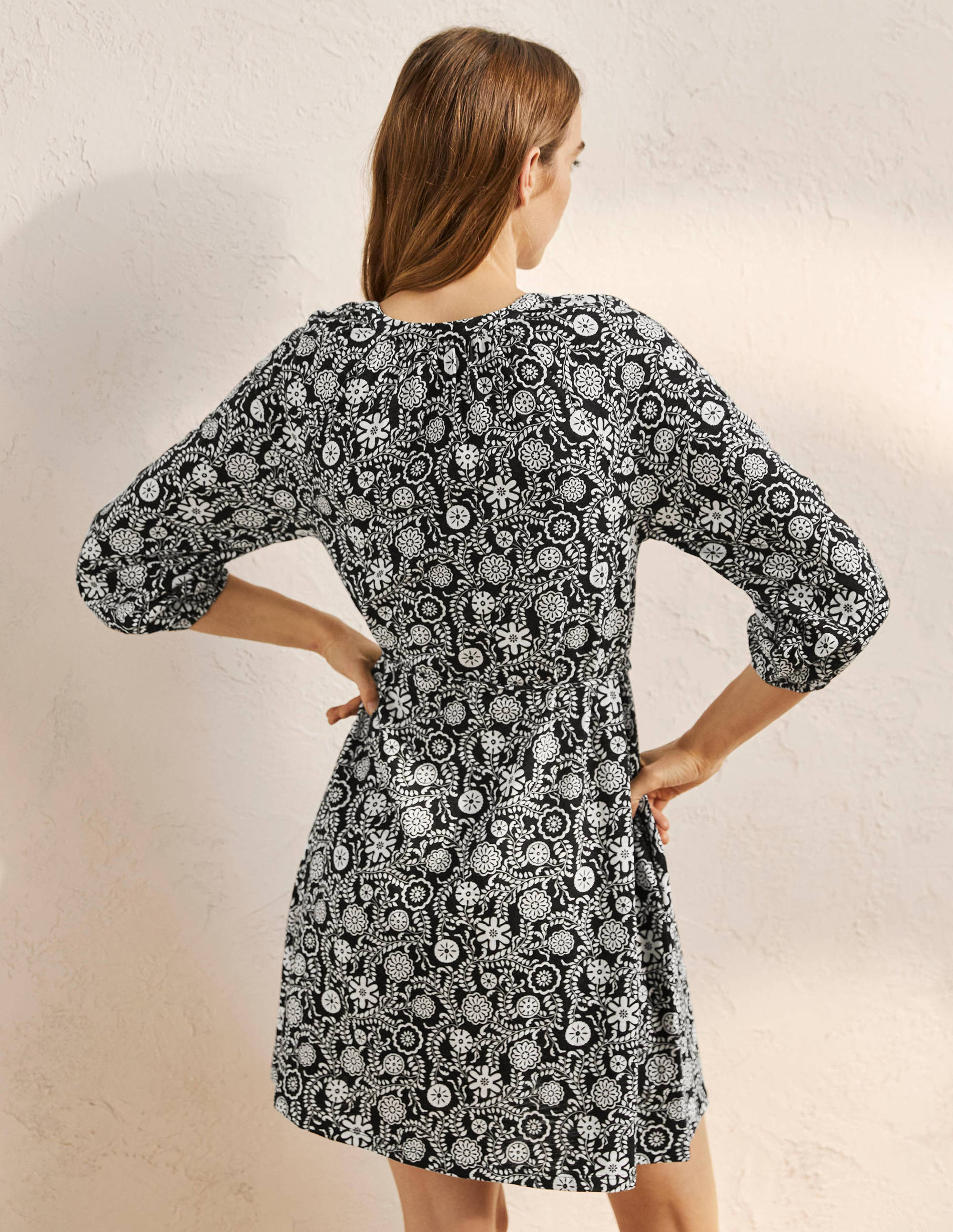 Notch Neck Jersey Mini Dress-Black, Opulent Garden - Image 3