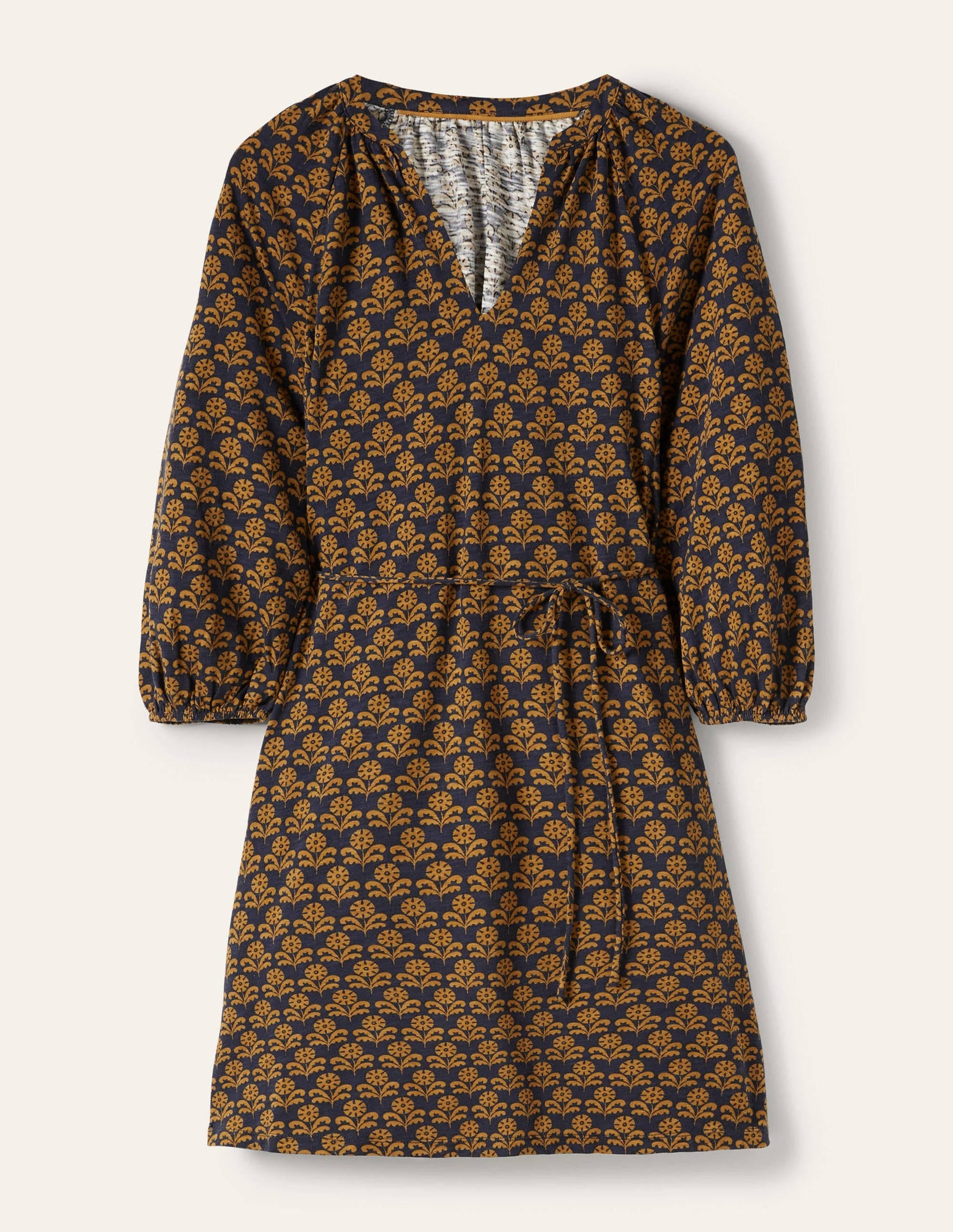 Notch Neck Jersey Mini Dress-Frankincense, Leaf Geo-5