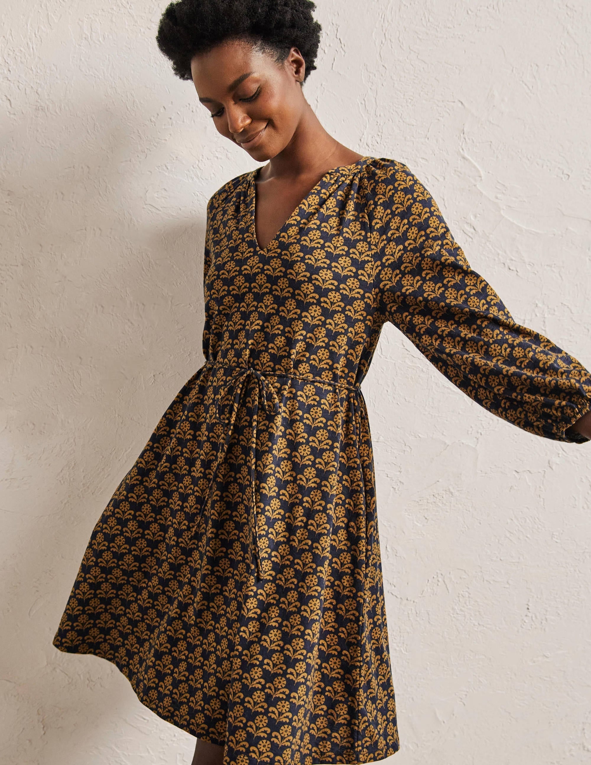 Notch Neck Jersey Mini Dress-Frankincense, Leaf Geo - Image 1