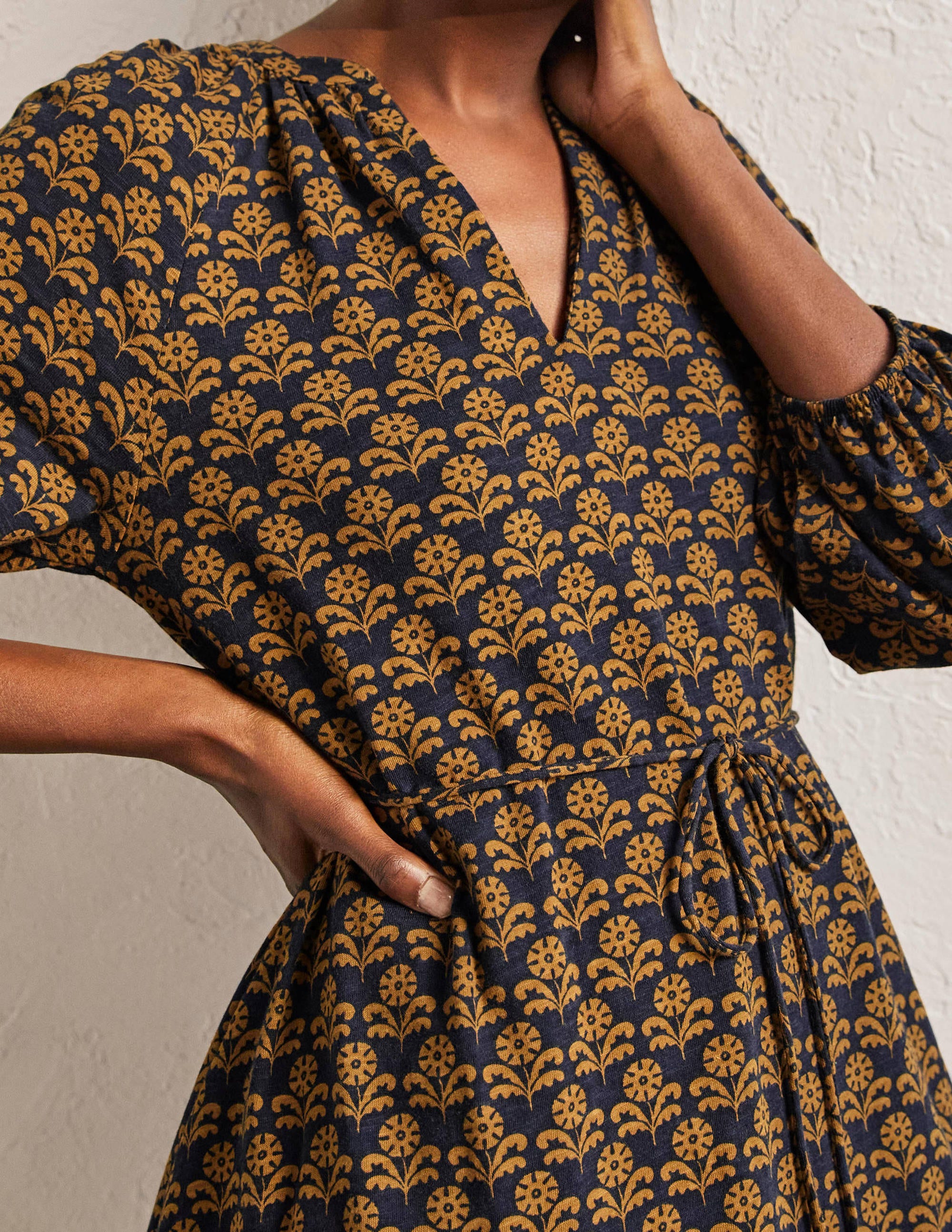 Notch Neck Jersey Mini Dress-Frankincense, Leaf Geo - Image 2