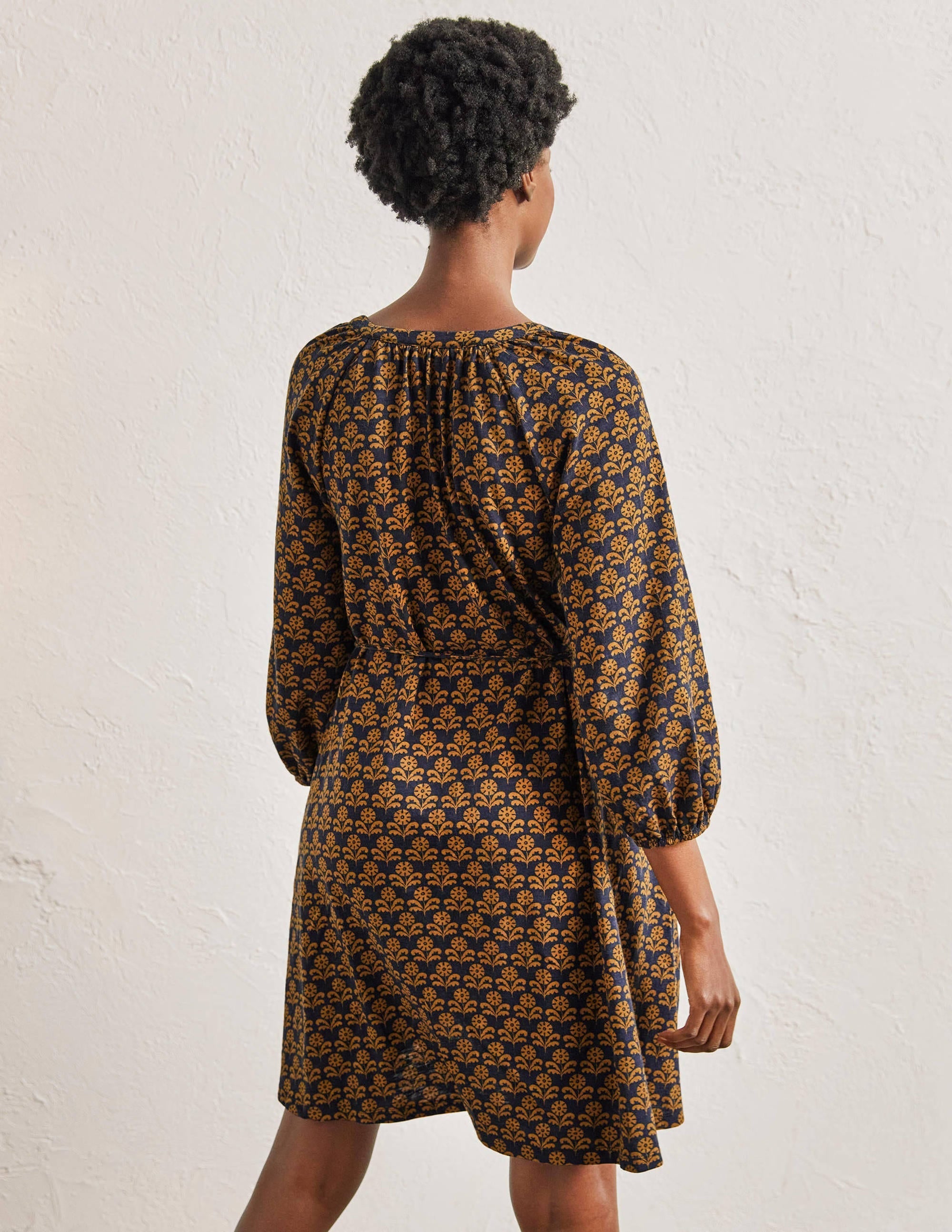 Notch Neck Jersey Mini Dress-Frankincense, Leaf Geo - Image 3