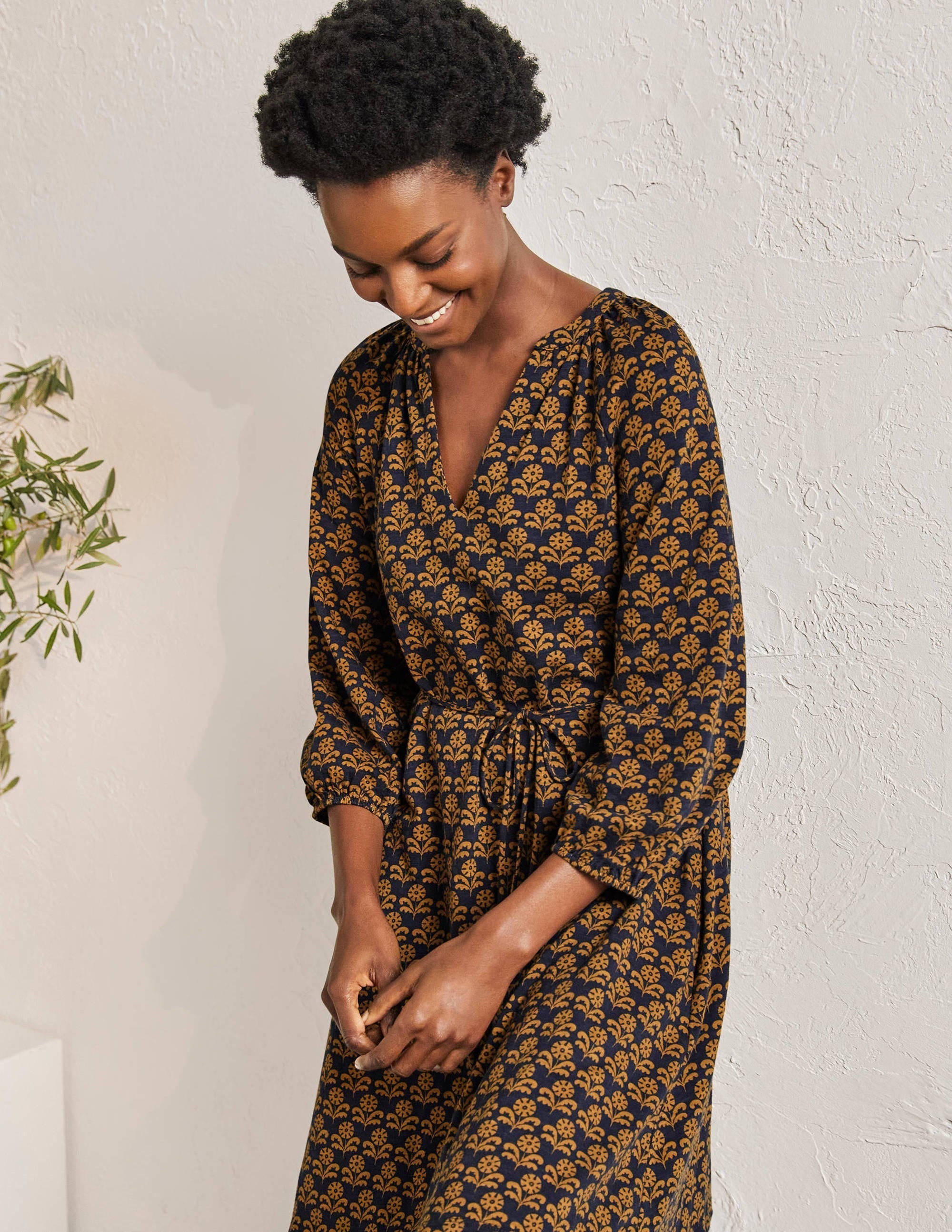 Notch Neck Jersey Mini Dress-Frankincense, Leaf Geo - Image 4