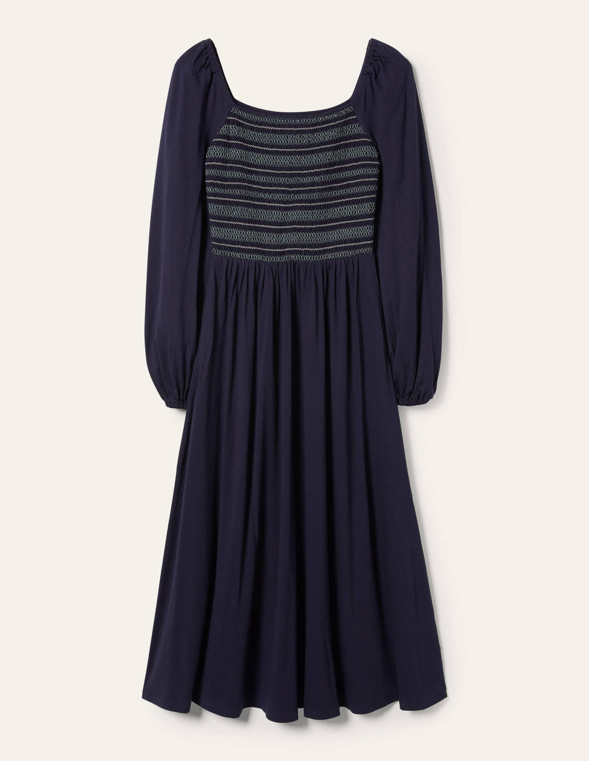 Smocked Jersey Midi Dress-Navy-5