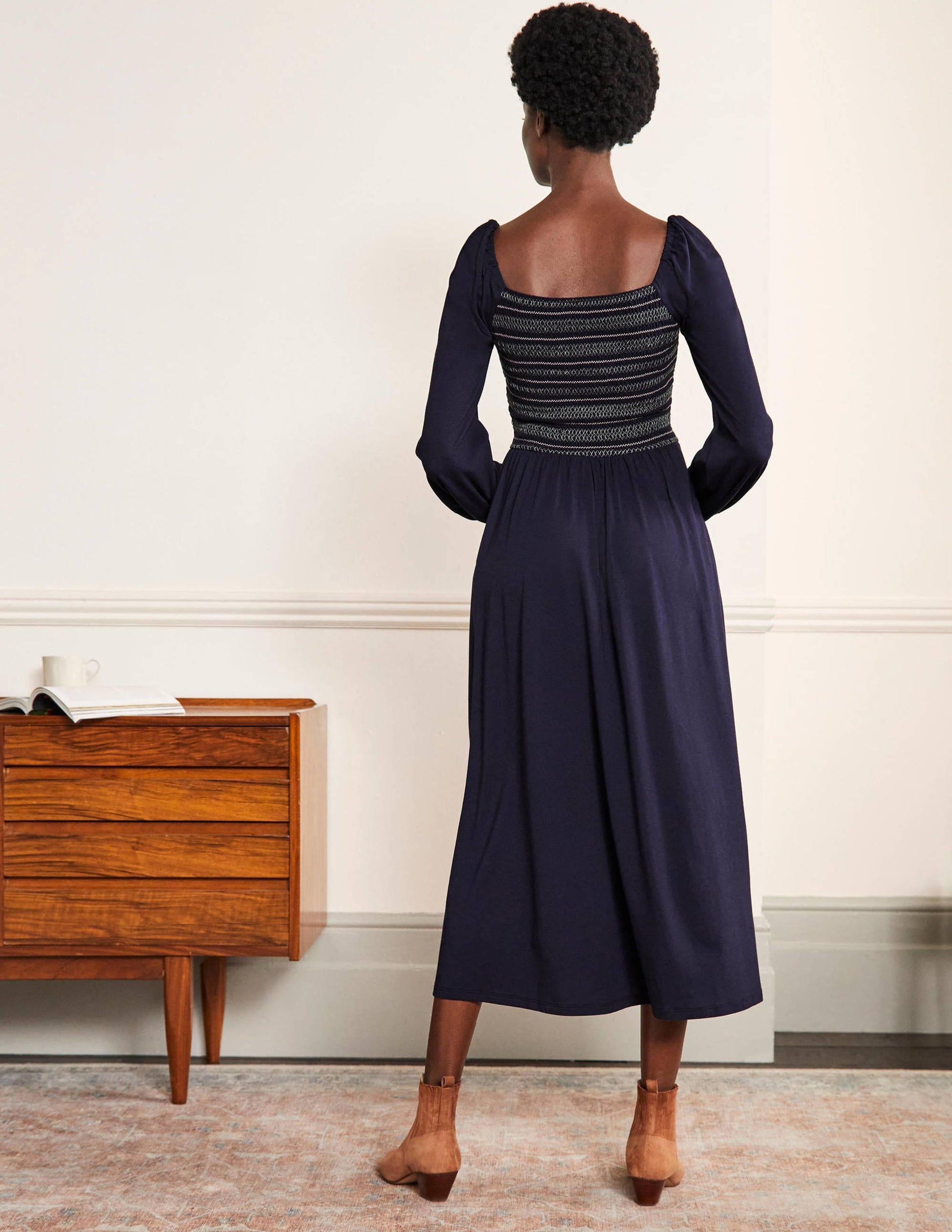 Smocked Jersey Midi Dress-Navy-3