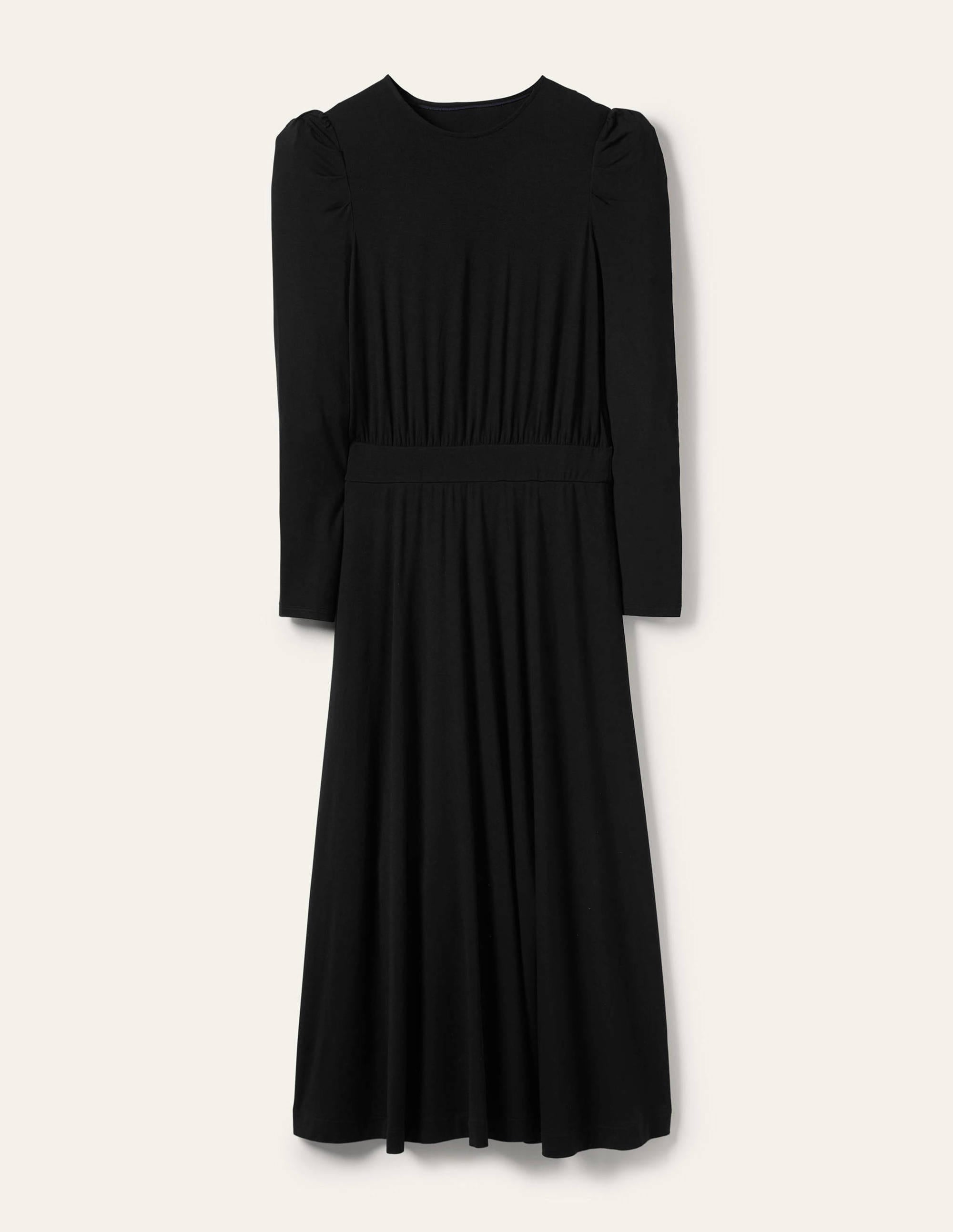 Puff Sleeve Jersey Midi Dress-Black - Image 7