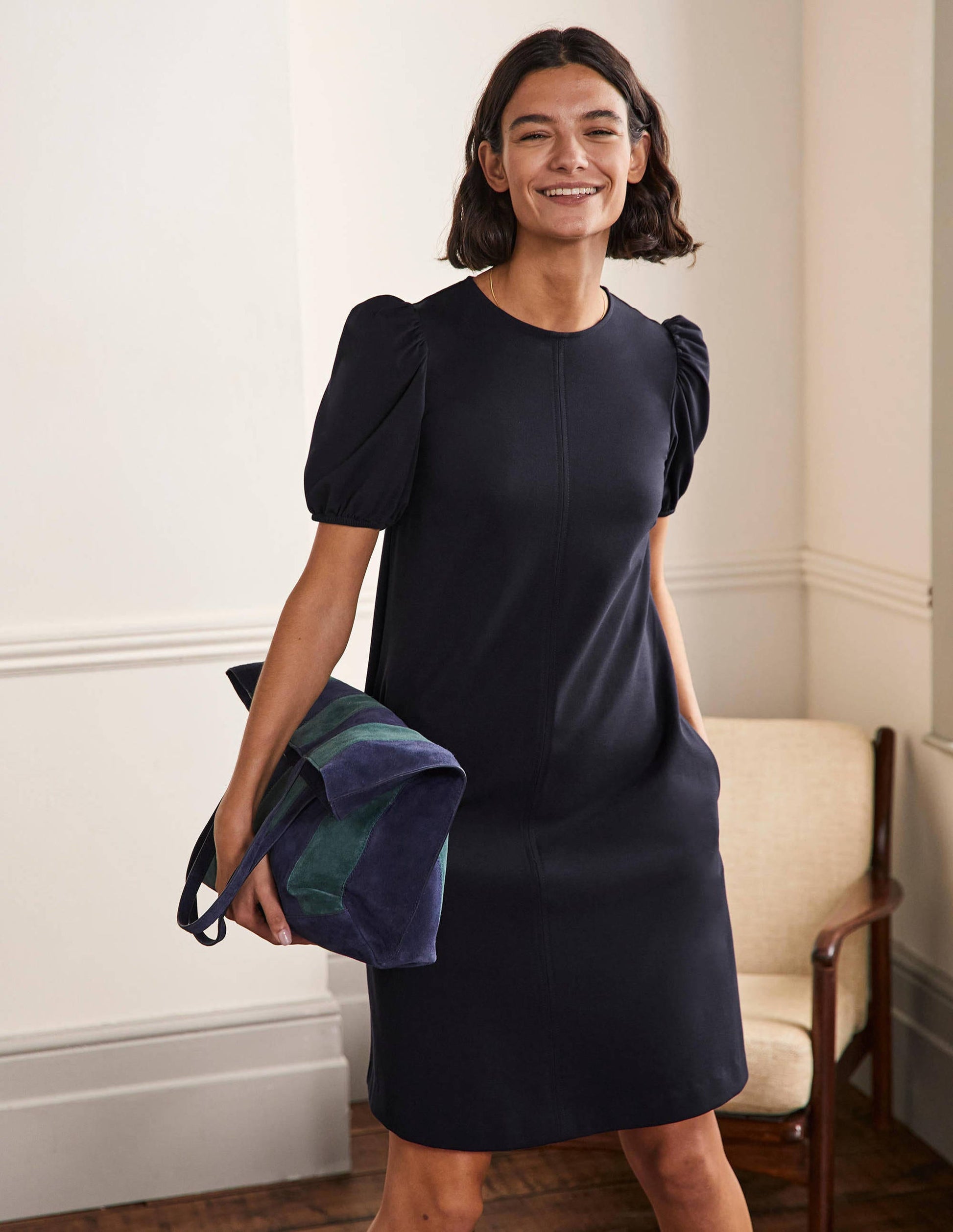 Seam Detail Jersey Shift Dress-Navy-1