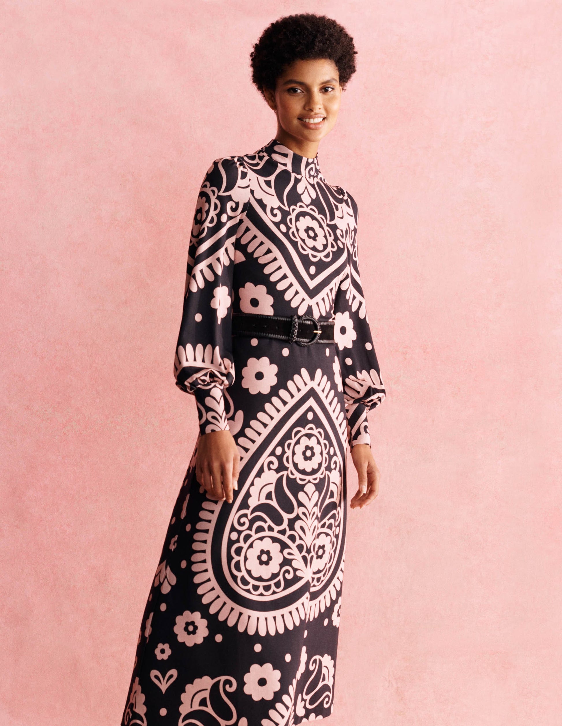 Cuffed Jersey Midi Dress-Black, Floral Heart-7
