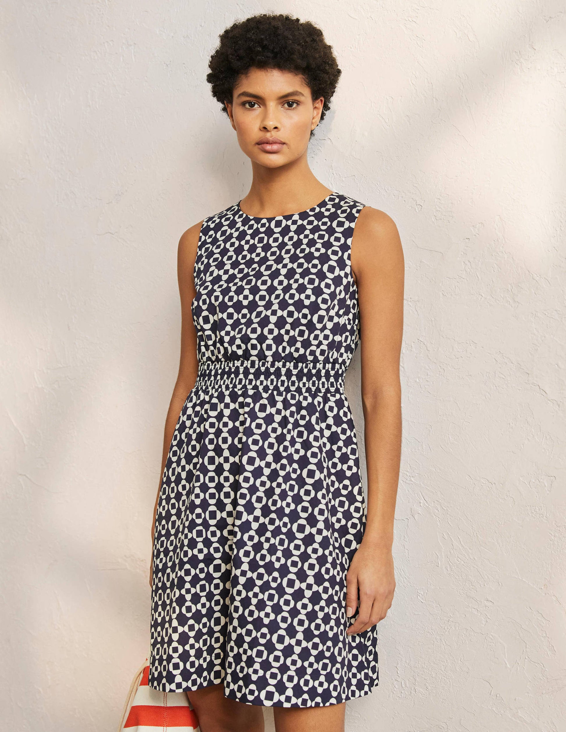 Smocked Waist Mini Dress-French Navy, Mosaic Square-1