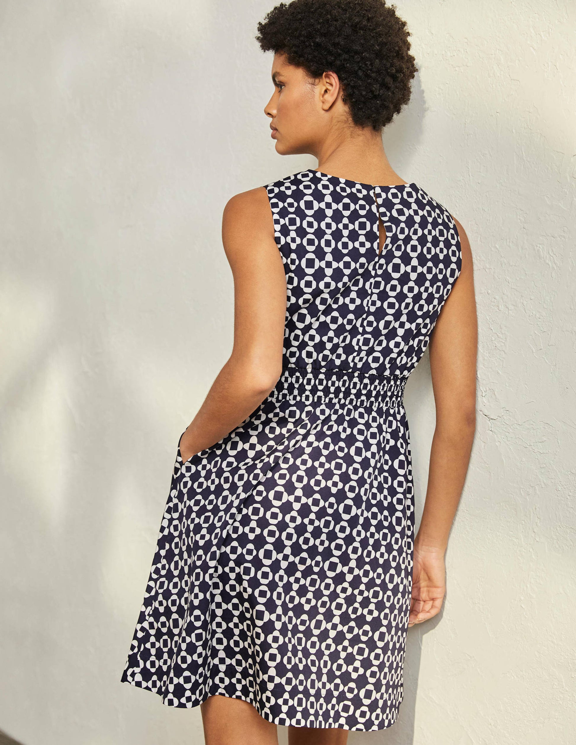 Smocked Waist Mini Dress-French Navy, Mosaic Square-3