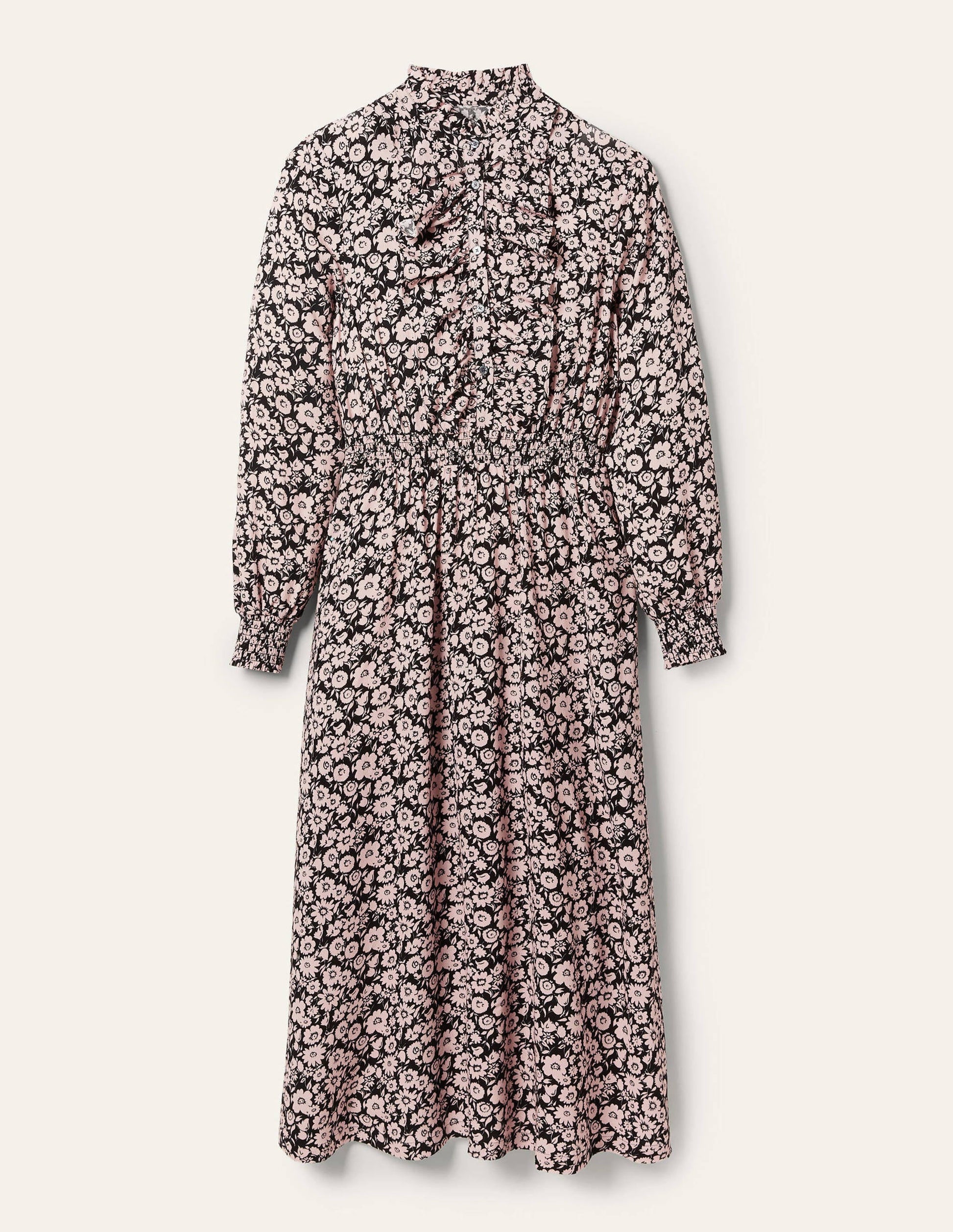 Ruffle Front Midi Dress-Black, Elegant Bloom-6