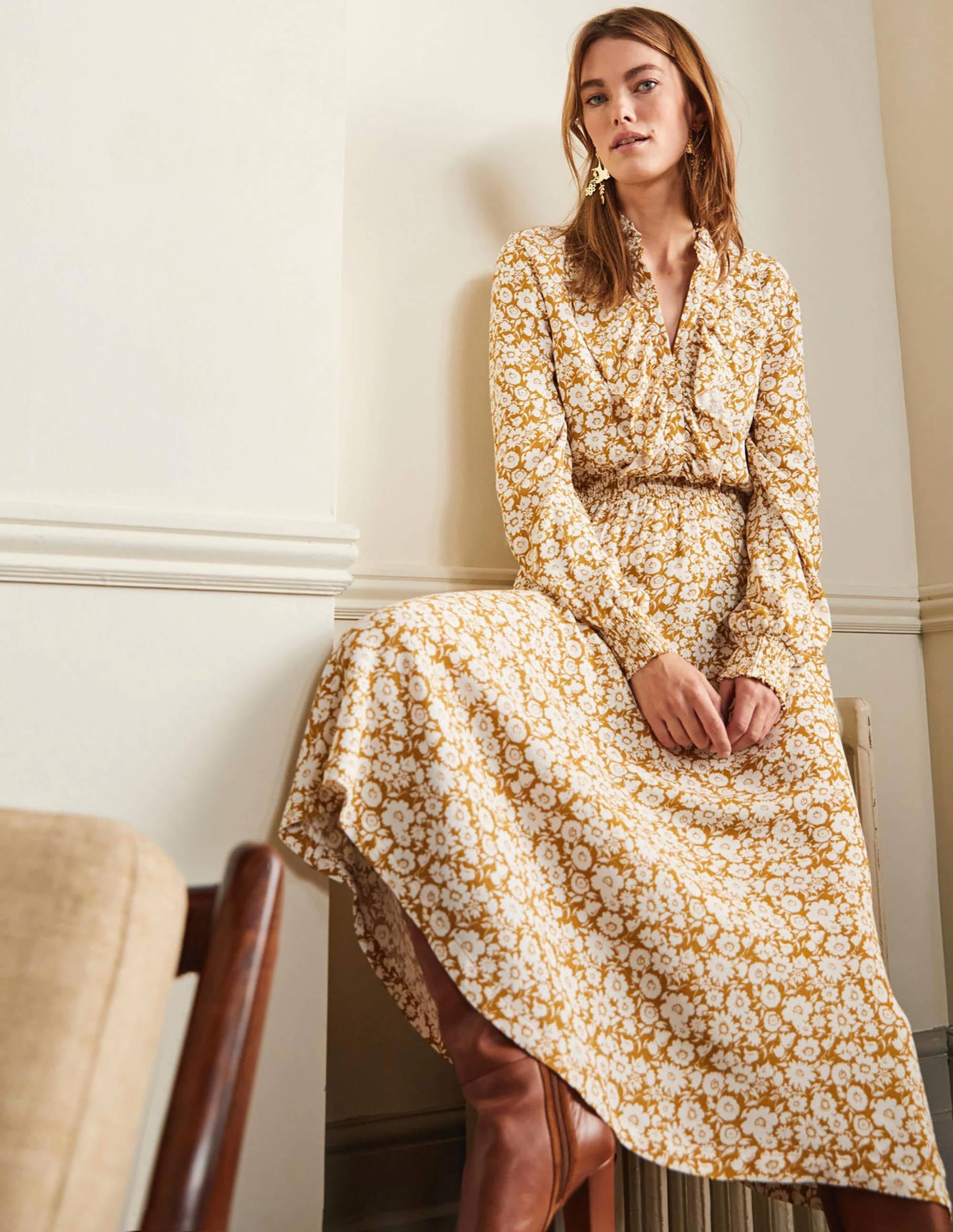 Ruffle Front Midi Dress-Brioche, Elegant Bloom Mono - Image 1
