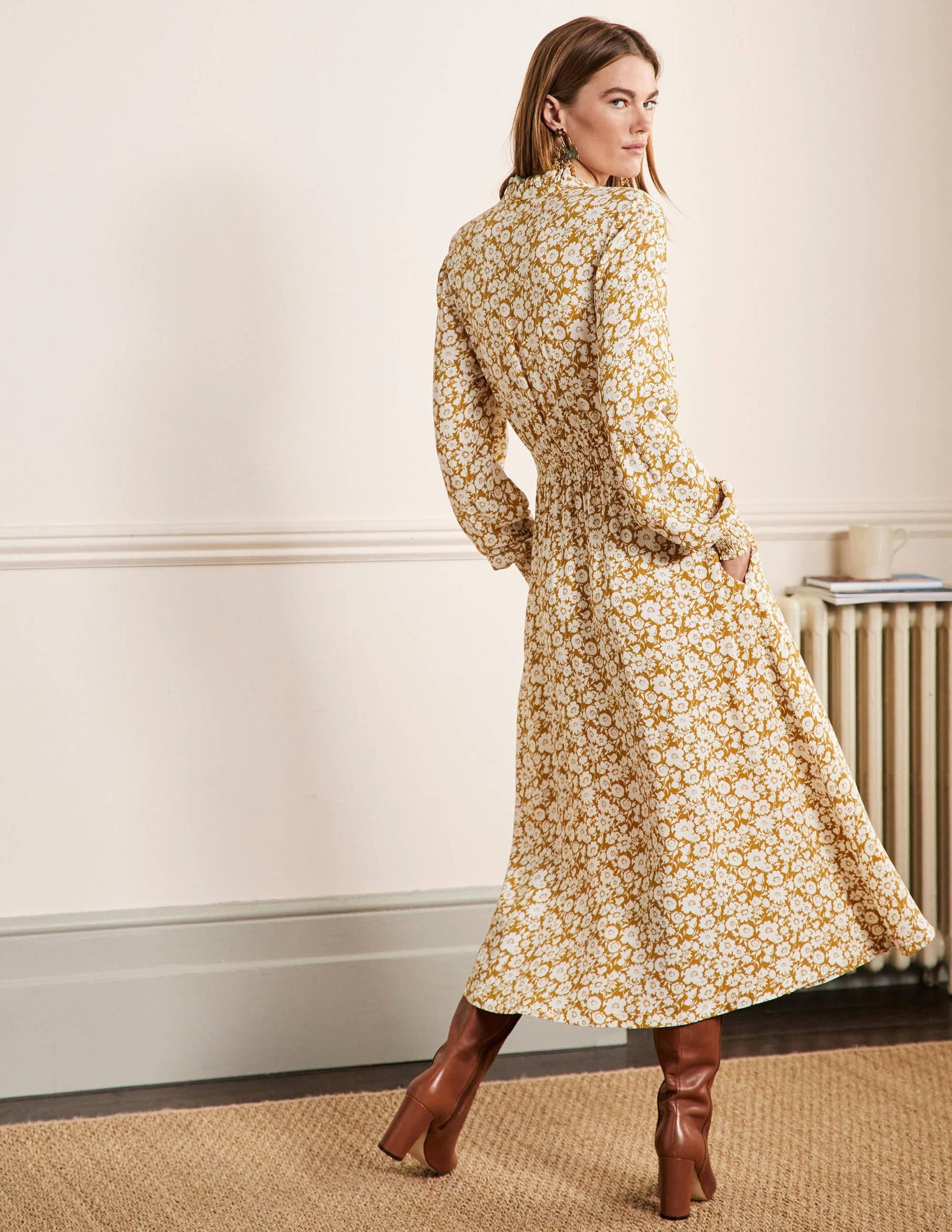 Ruffle Front Midi Dress-Brioche, Elegant Bloom Mono-3