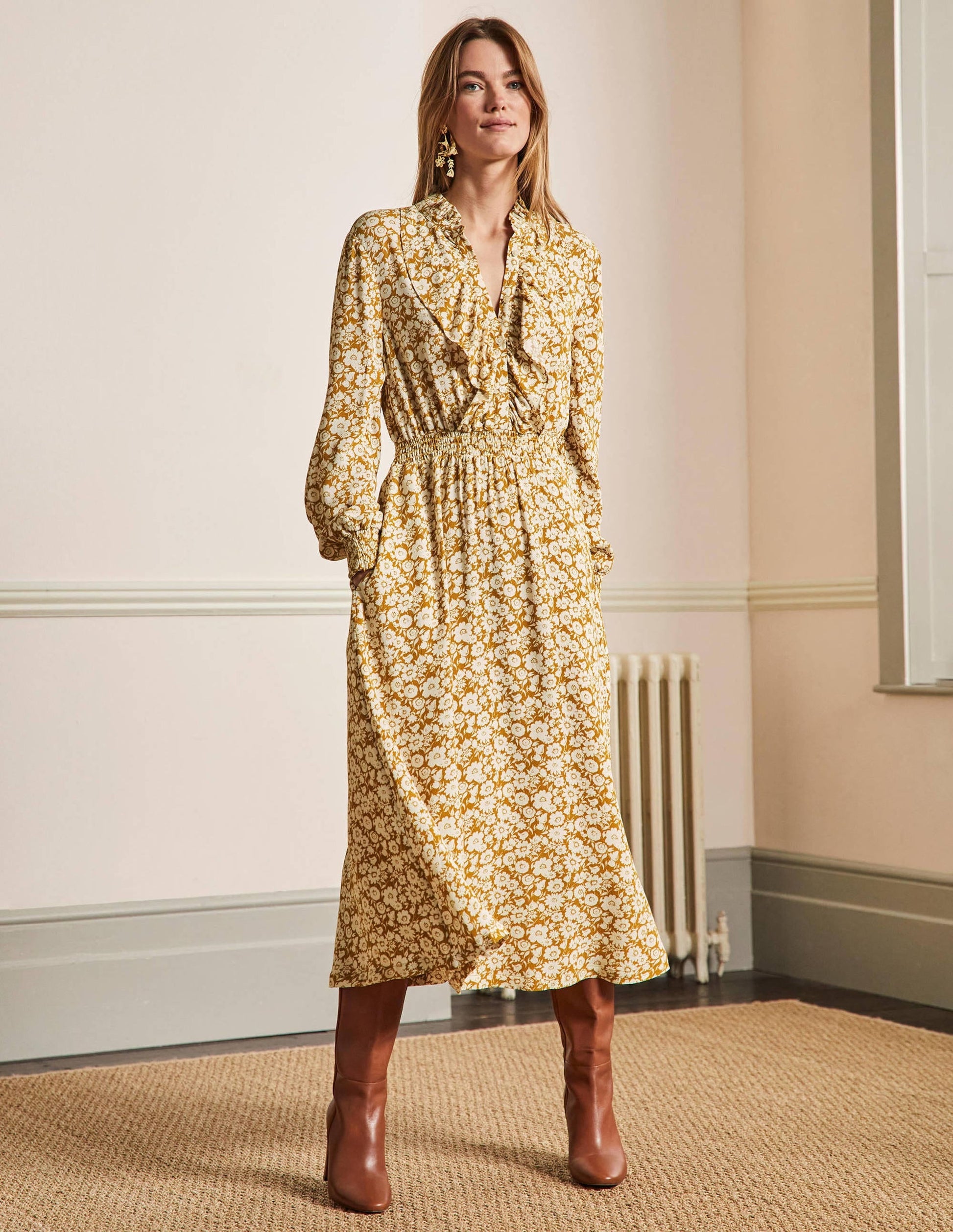 Ruffle Front Midi Dress-Brioche, Elegant Bloom Mono-4