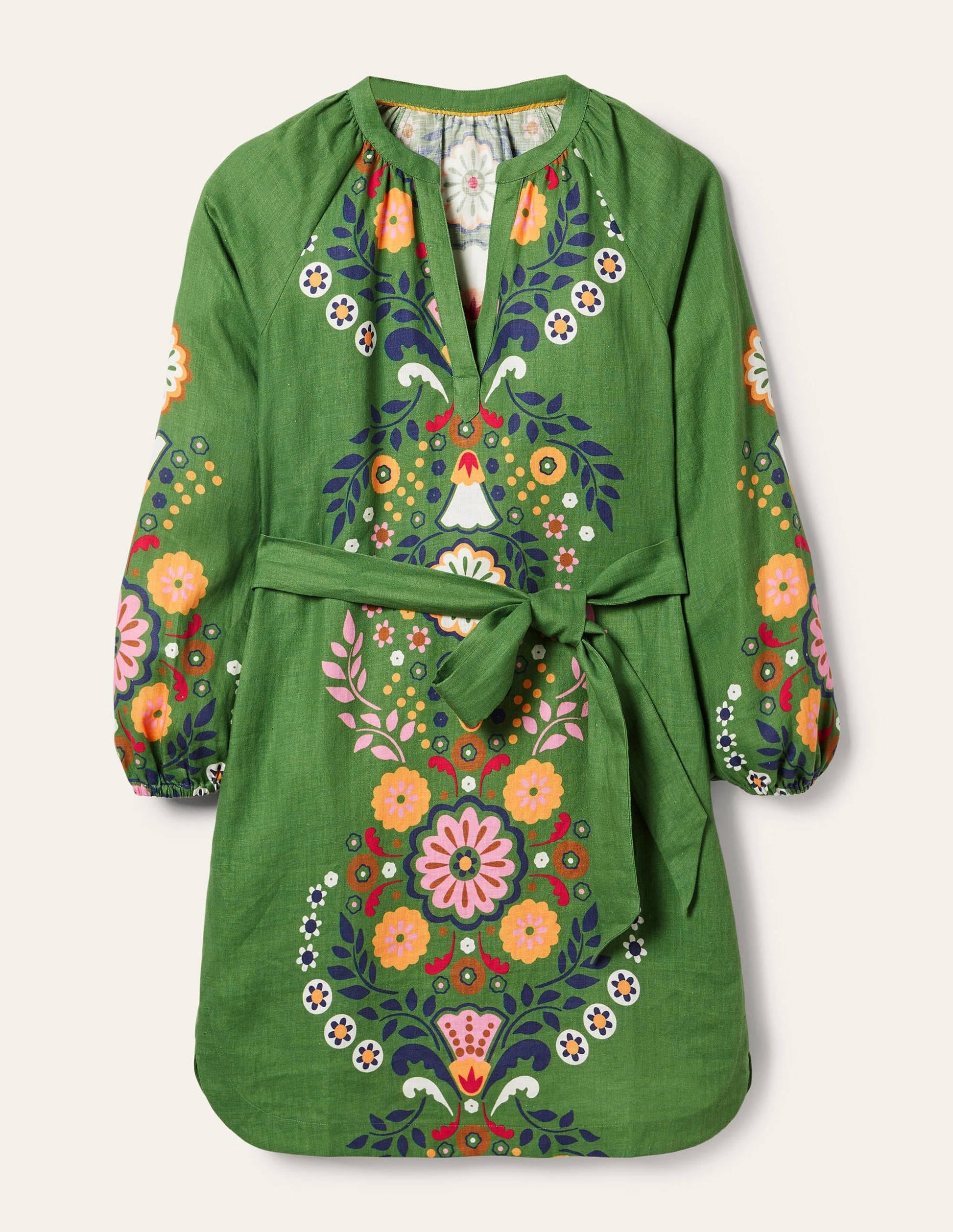 Notch Neck Linen Mini Dress-English Ivy, Opulent Garden-2