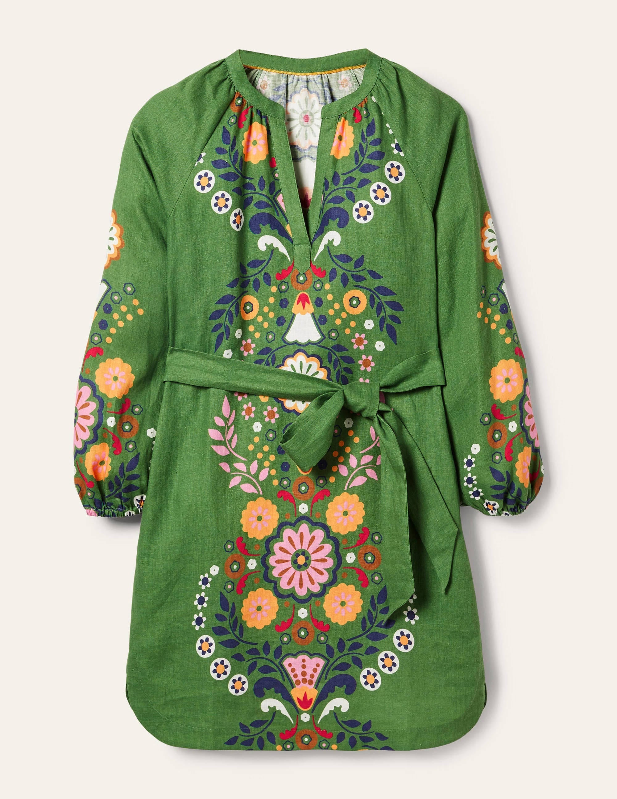 Notch Neck Linen Mini Dress-English Ivy, Opulent Garden - Image 2
