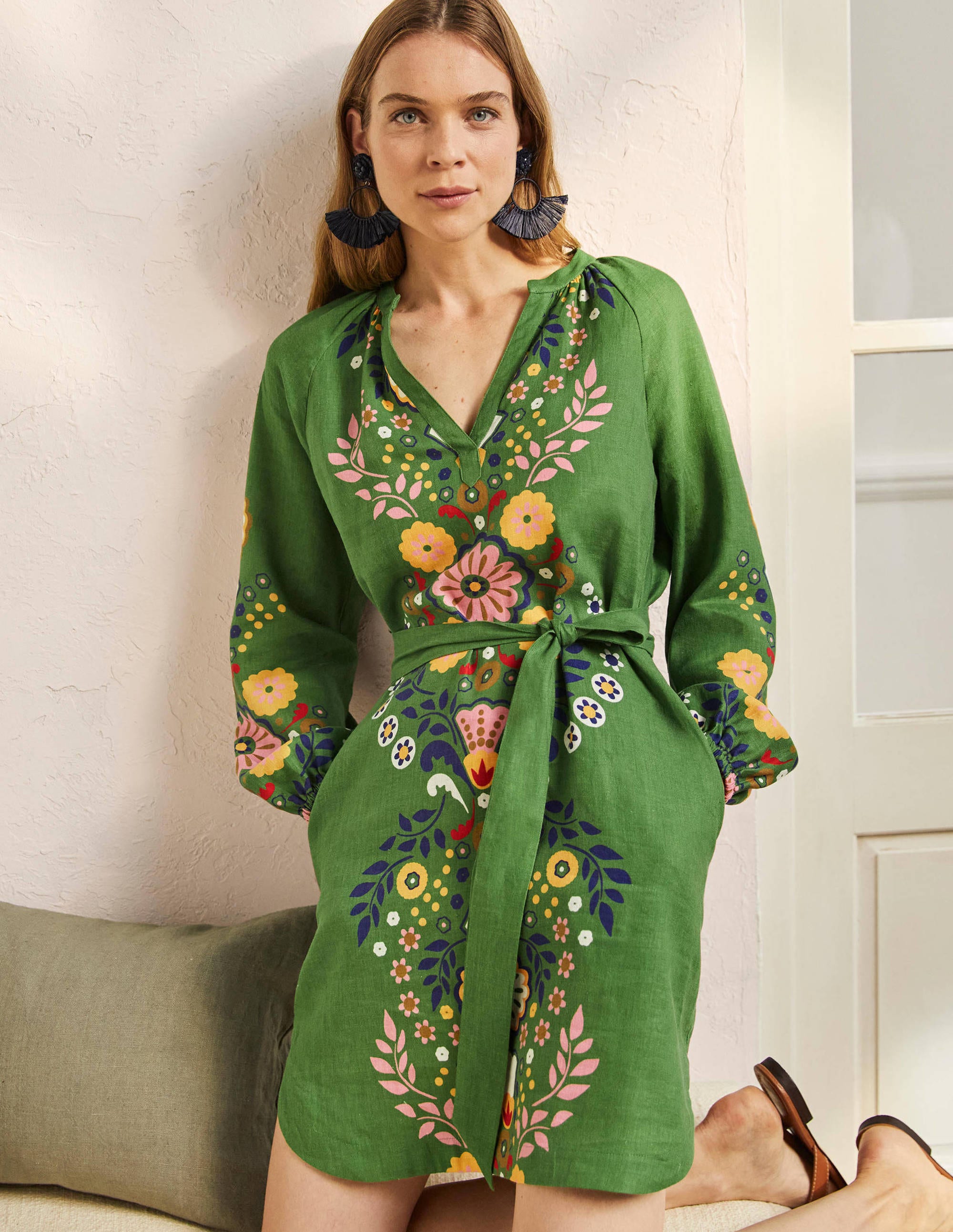 Notch Neck Linen Mini Dress-English Ivy, Opulent Garden - Image 1