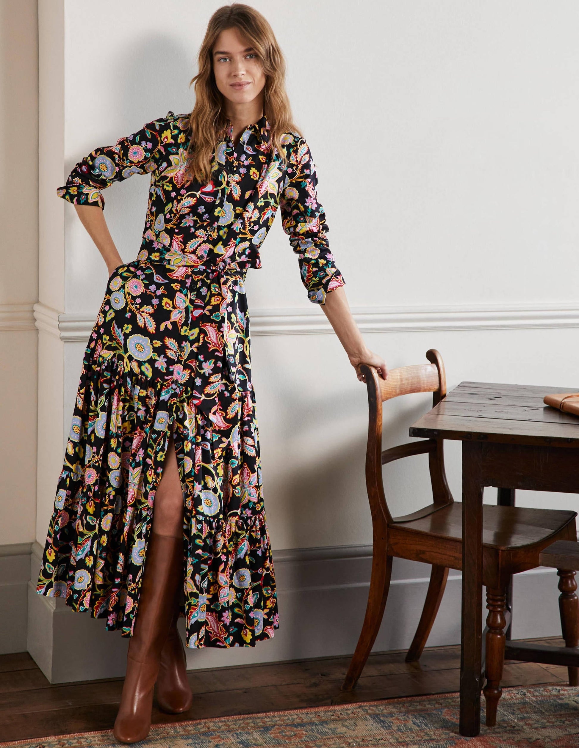 Button Through Maxi Dress-Black, Opulent Paradise-1