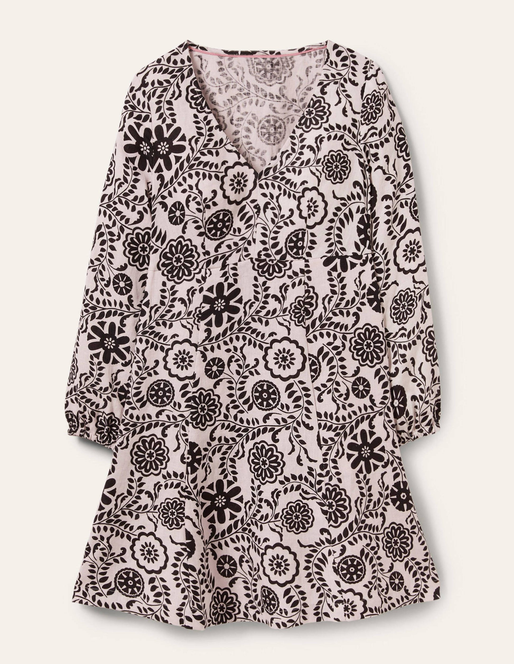 V-Neck Flippy Mini Dress-Ivory, Black Opulent Garden-5