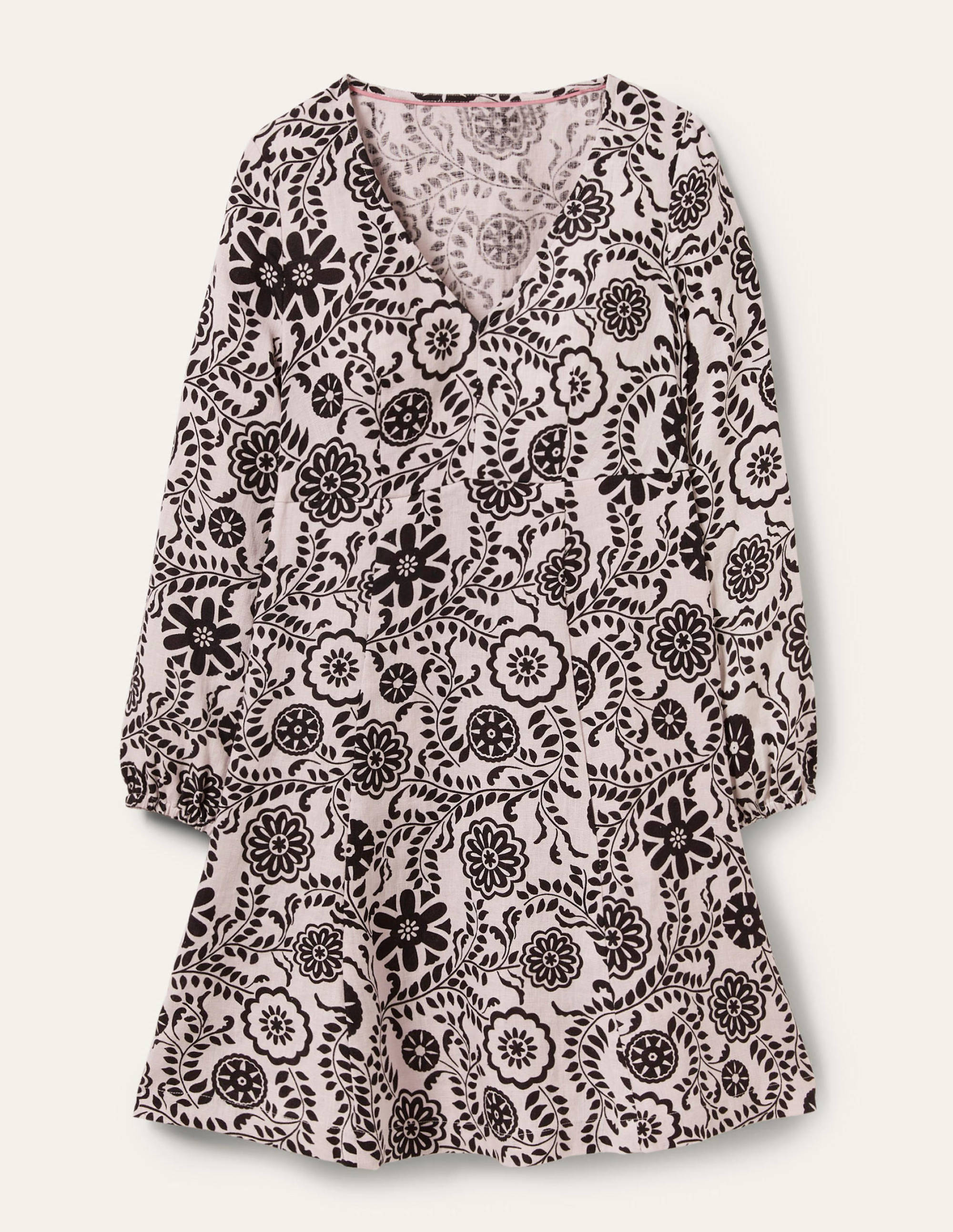 V-Neck Flippy Mini Dress-Ivory, Black Opulent Garden - Image 5