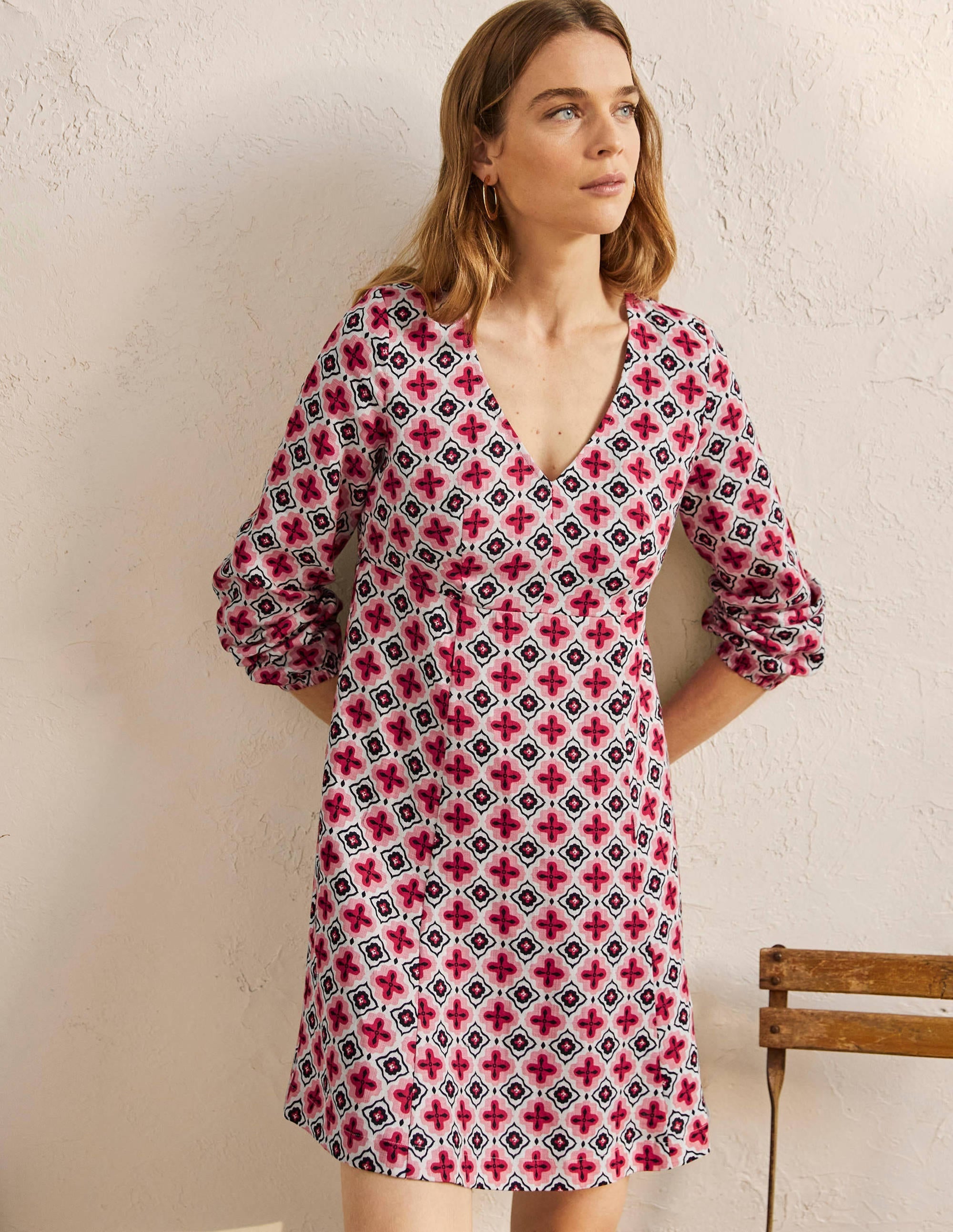 V-Neck Flippy Mini Dress-Formica Pink, Moroccan Diamond - Image 1