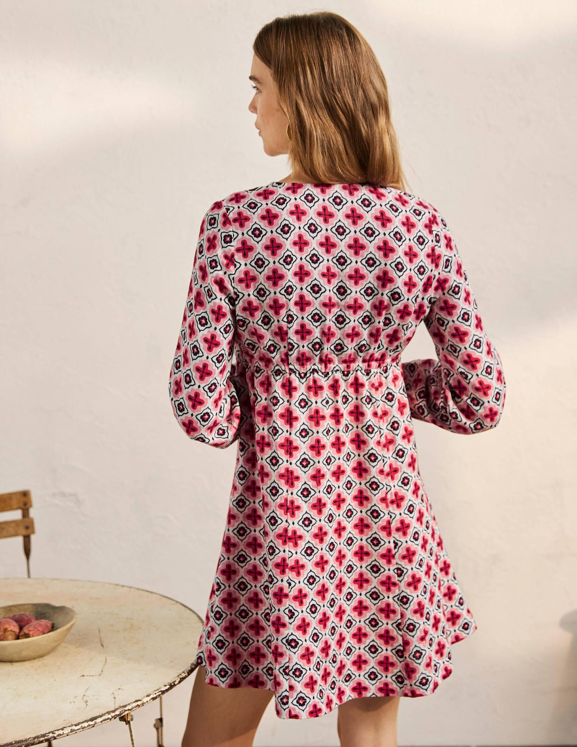 V-Neck Flippy Mini Dress-Formica Pink, Moroccan Diamond - Image 3