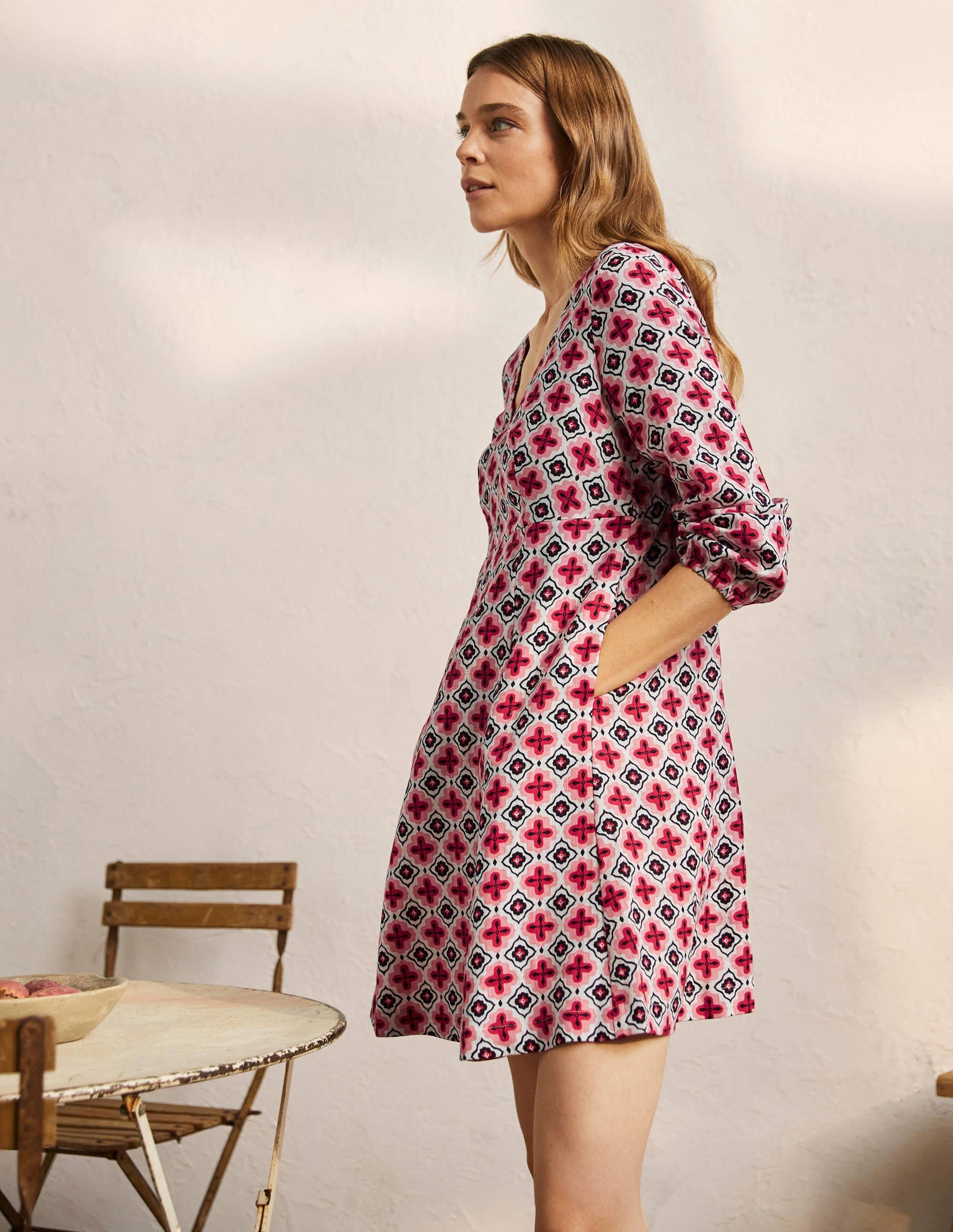 V-Neck Flippy Mini Dress-Formica Pink, Moroccan Diamond - Image 4
