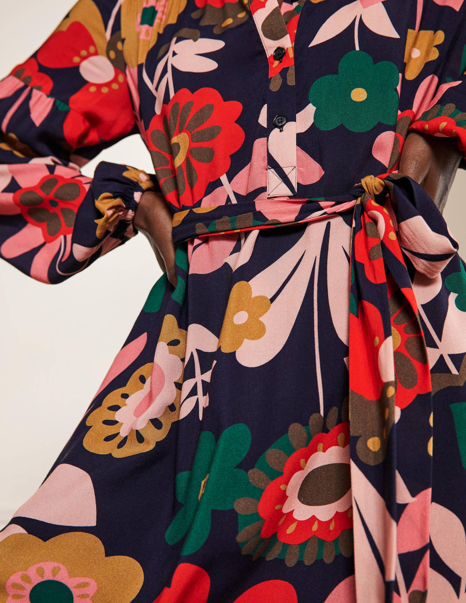 Blouson Sleeve Midi Dress-French Navy, Flora Bloom-2