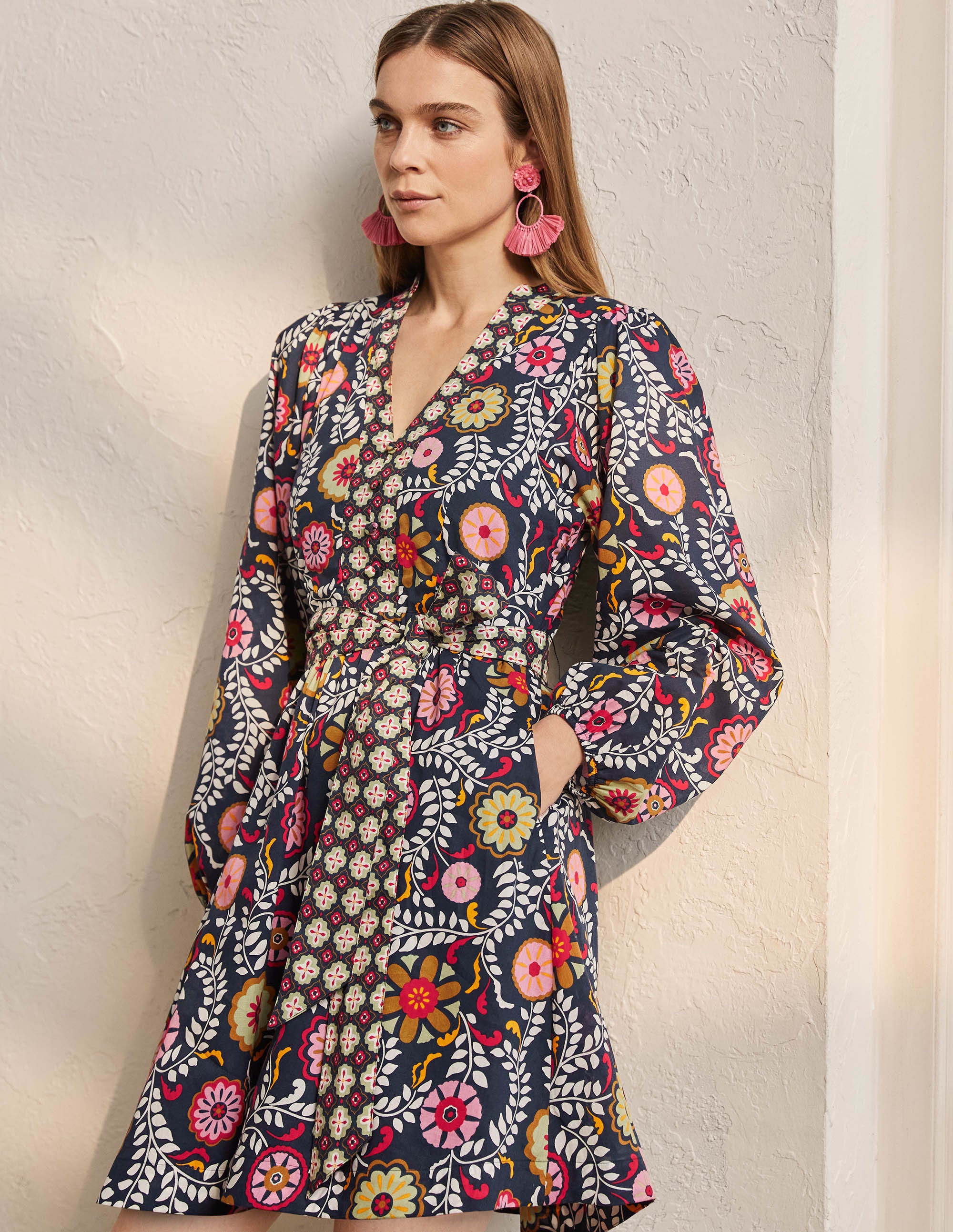 Notch Neck Cotton Dress-French Navy, Opulent Garden - Image 1