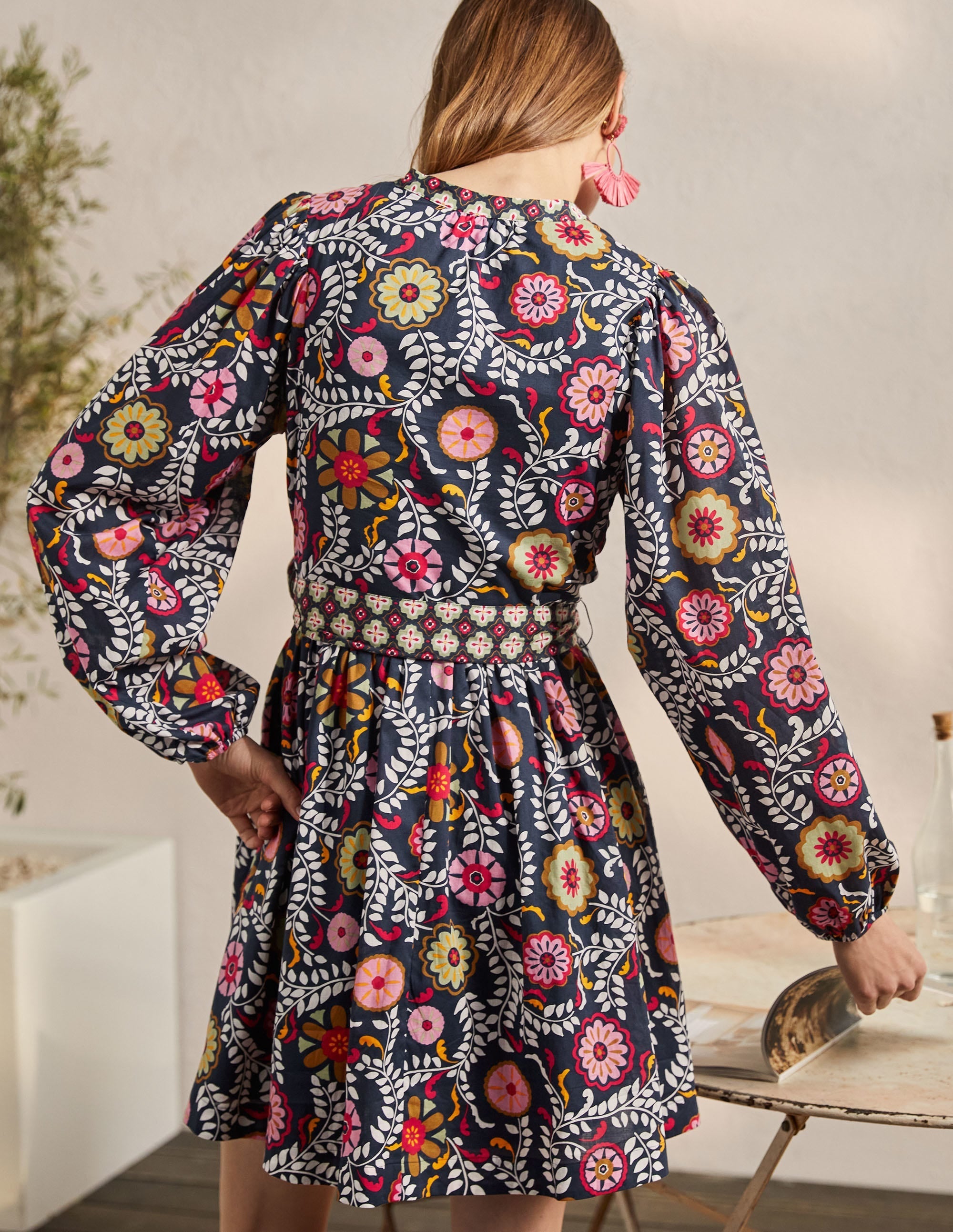 Notch Neck Cotton Dress-French Navy, Opulent Garden - Image 3